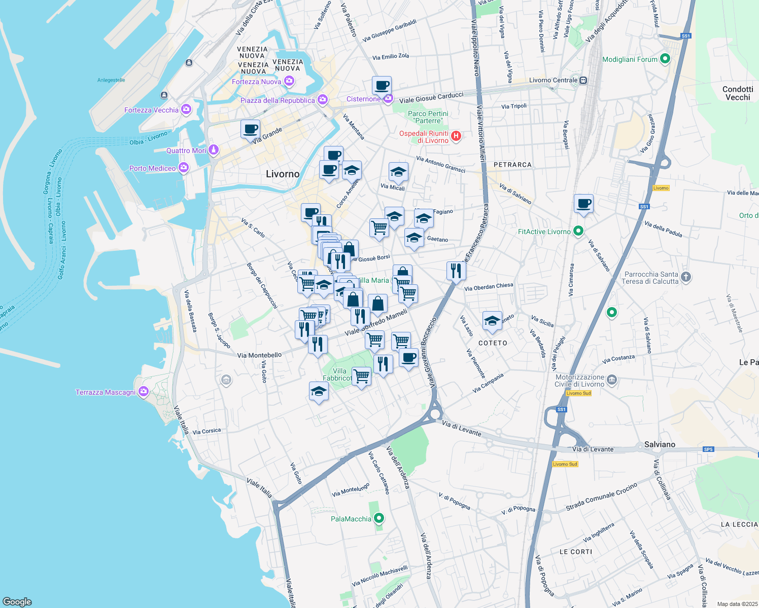 map of restaurants, bars, coffee shops, grocery stores, and more near 40 Via Diomede Bonamici in Livorno