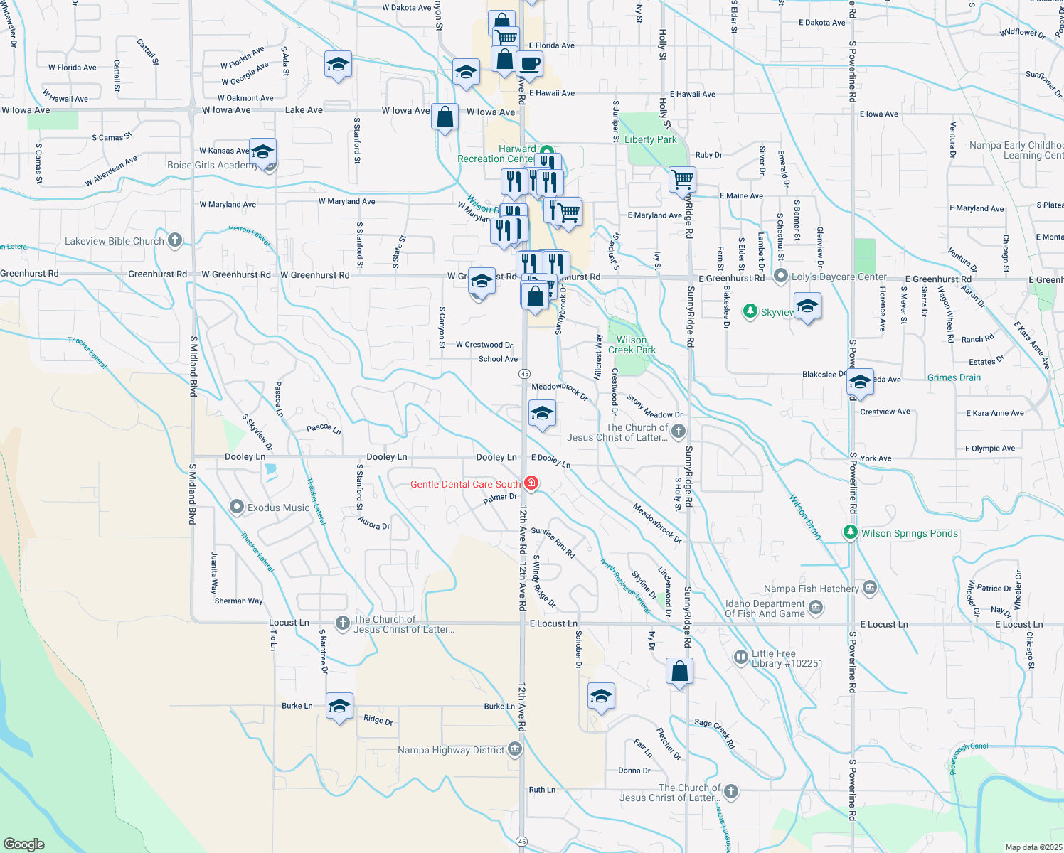 map of restaurants, bars, coffee shops, grocery stores, and more near 2911 Laurel Way in Nampa