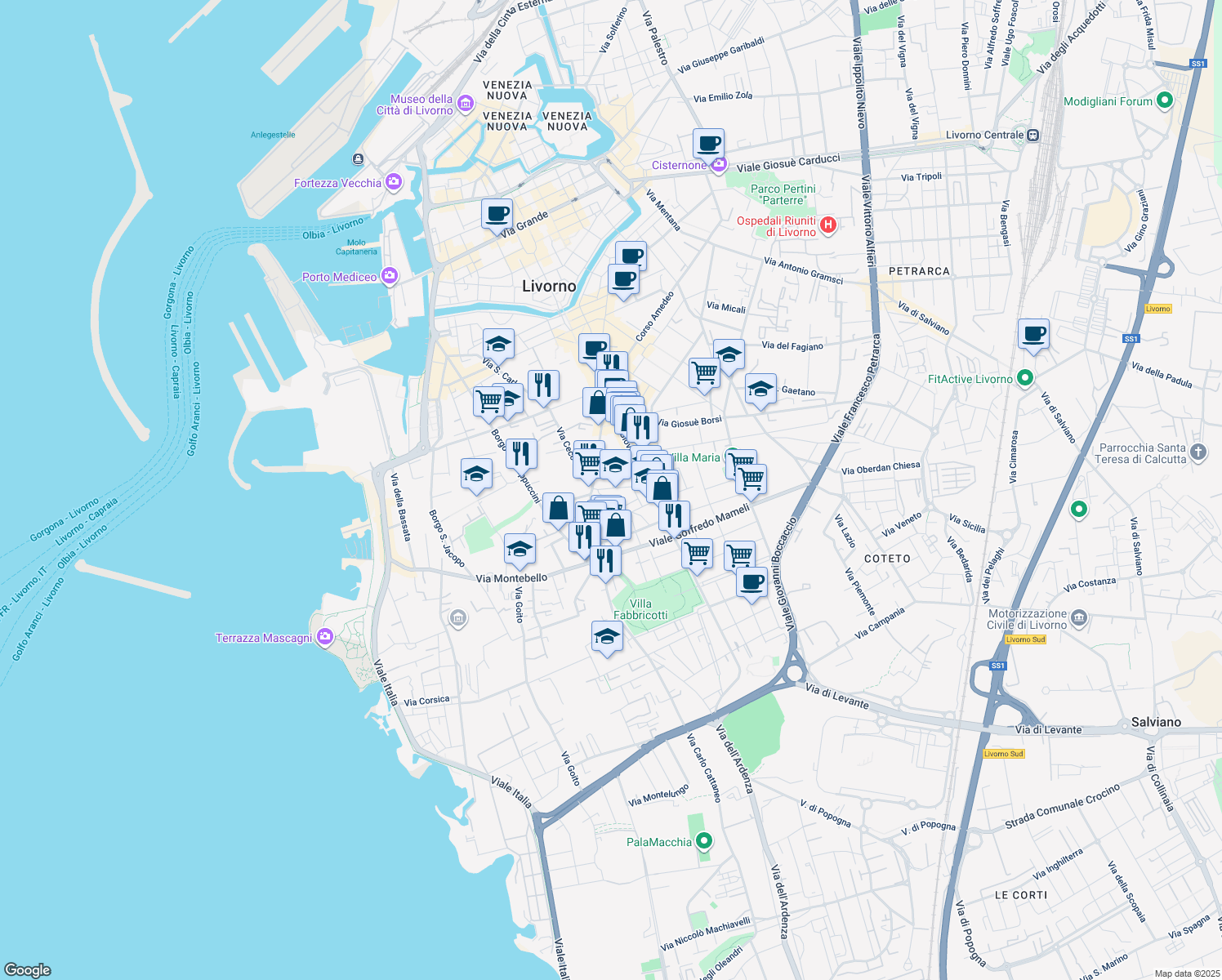 map of restaurants, bars, coffee shops, grocery stores, and more near 17 Via Baciocchi in Livorno