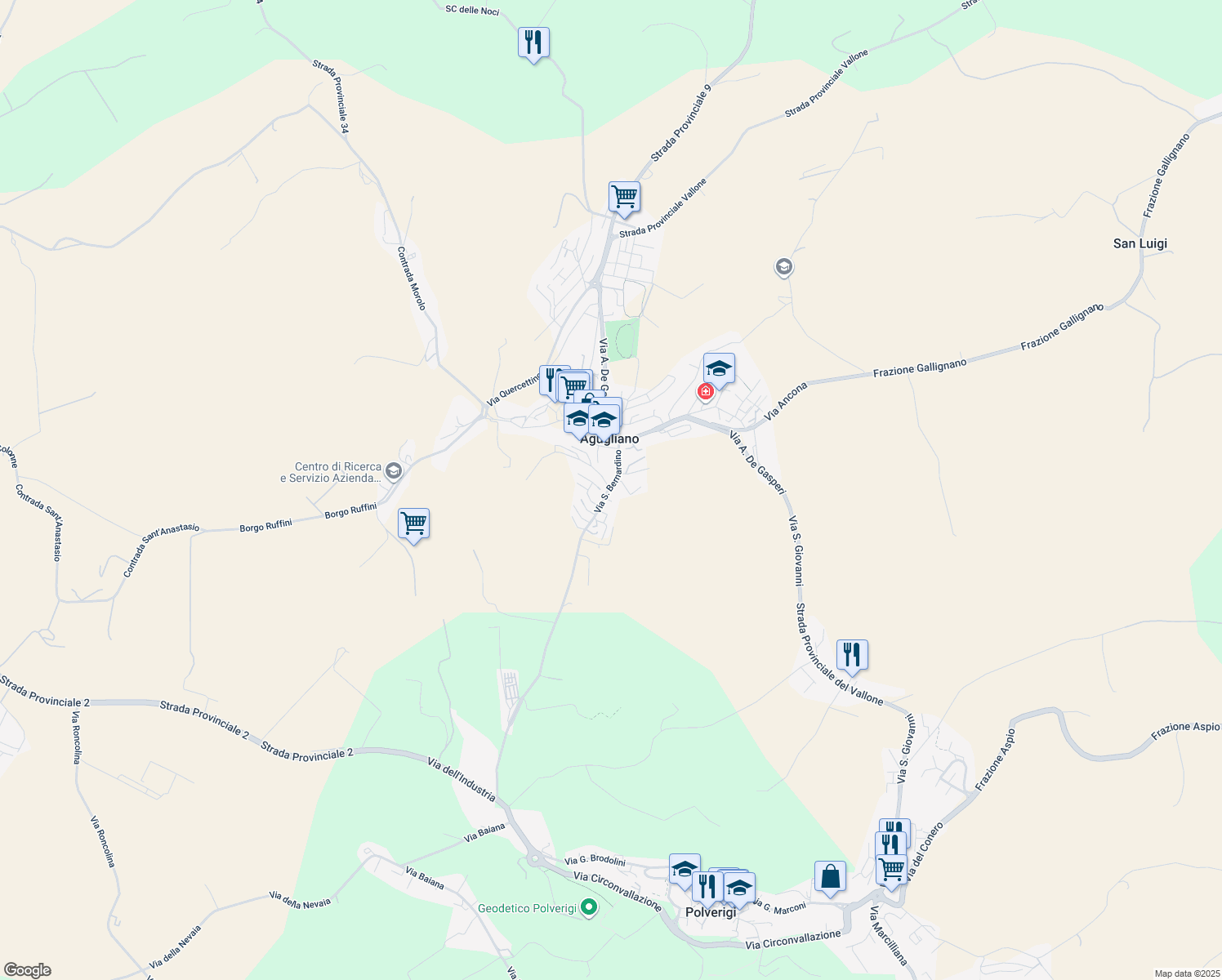 map of restaurants, bars, coffee shops, grocery stores, and more near 25 Via San Bernardino in Agugliano
