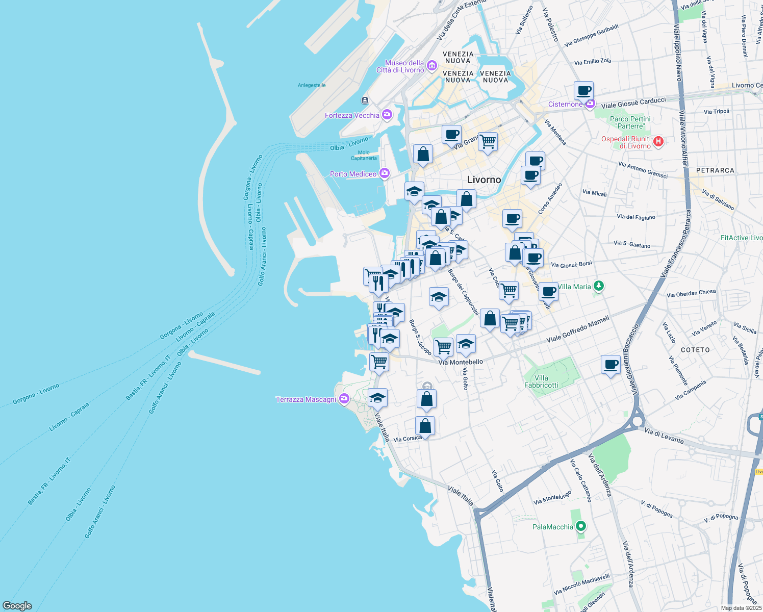 map of restaurants, bars, coffee shops, grocery stores, and more near 1 Largo Bellavista in Livorno