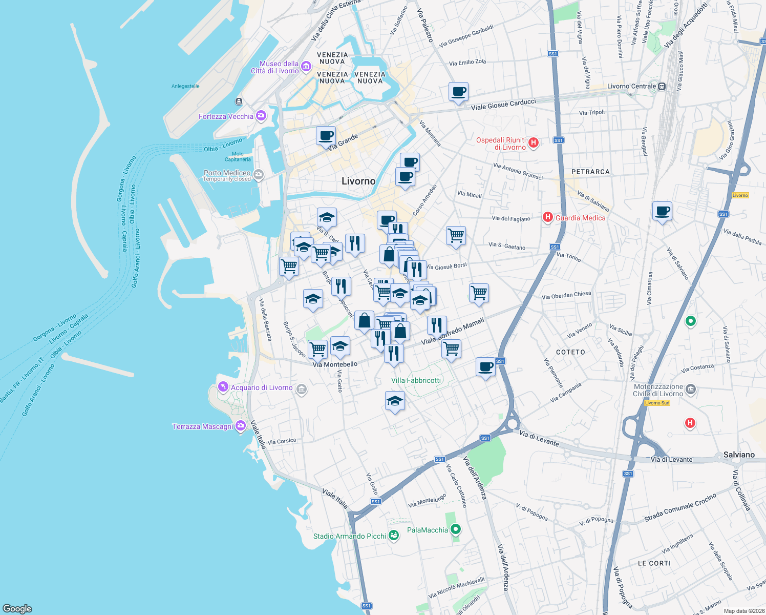 map of restaurants, bars, coffee shops, grocery stores, and more near 82 Via Roma in Livorno