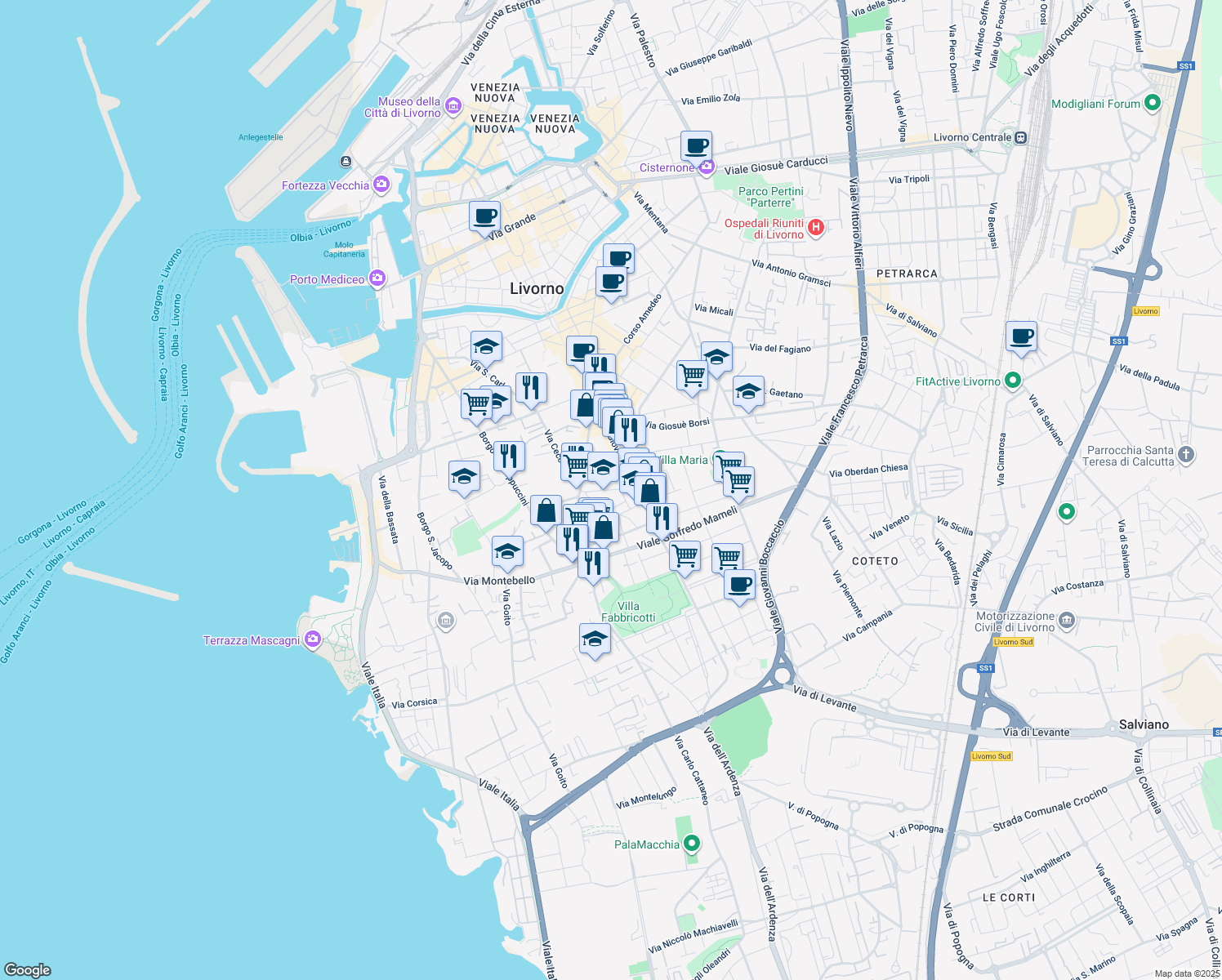 map of restaurants, bars, coffee shops, grocery stores, and more near 17 Via Baciocchi in Livorno