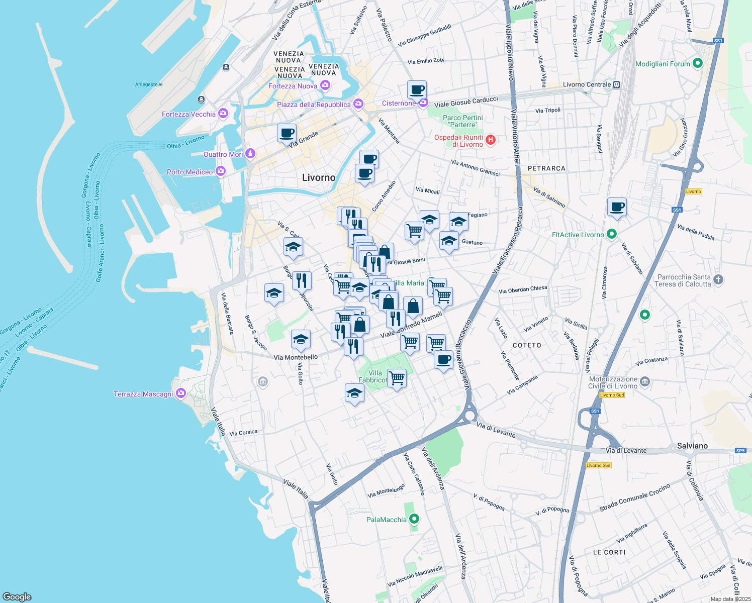map of restaurants, bars, coffee shops, grocery stores, and more near 124 Via Giovanni Marradi in Livorno