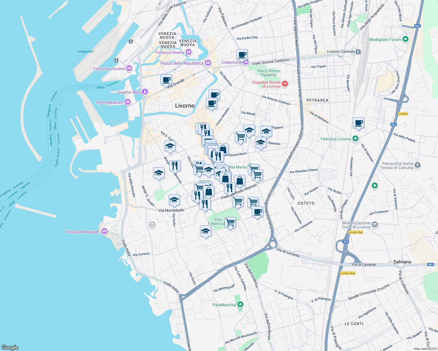 map of restaurants, bars, coffee shops, grocery stores, and more near 124 Via Giovanni Marradi in Livorno