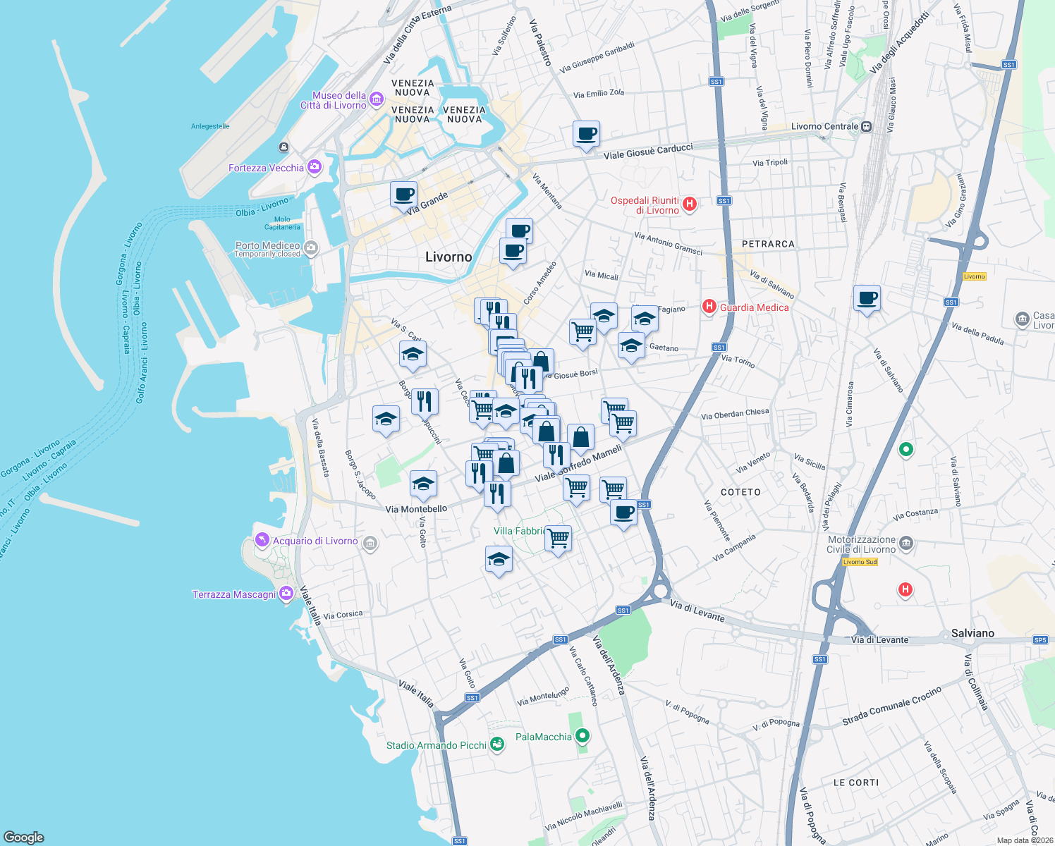 map of restaurants, bars, coffee shops, grocery stores, and more near 124 Via Giovanni Marradi in Livorno