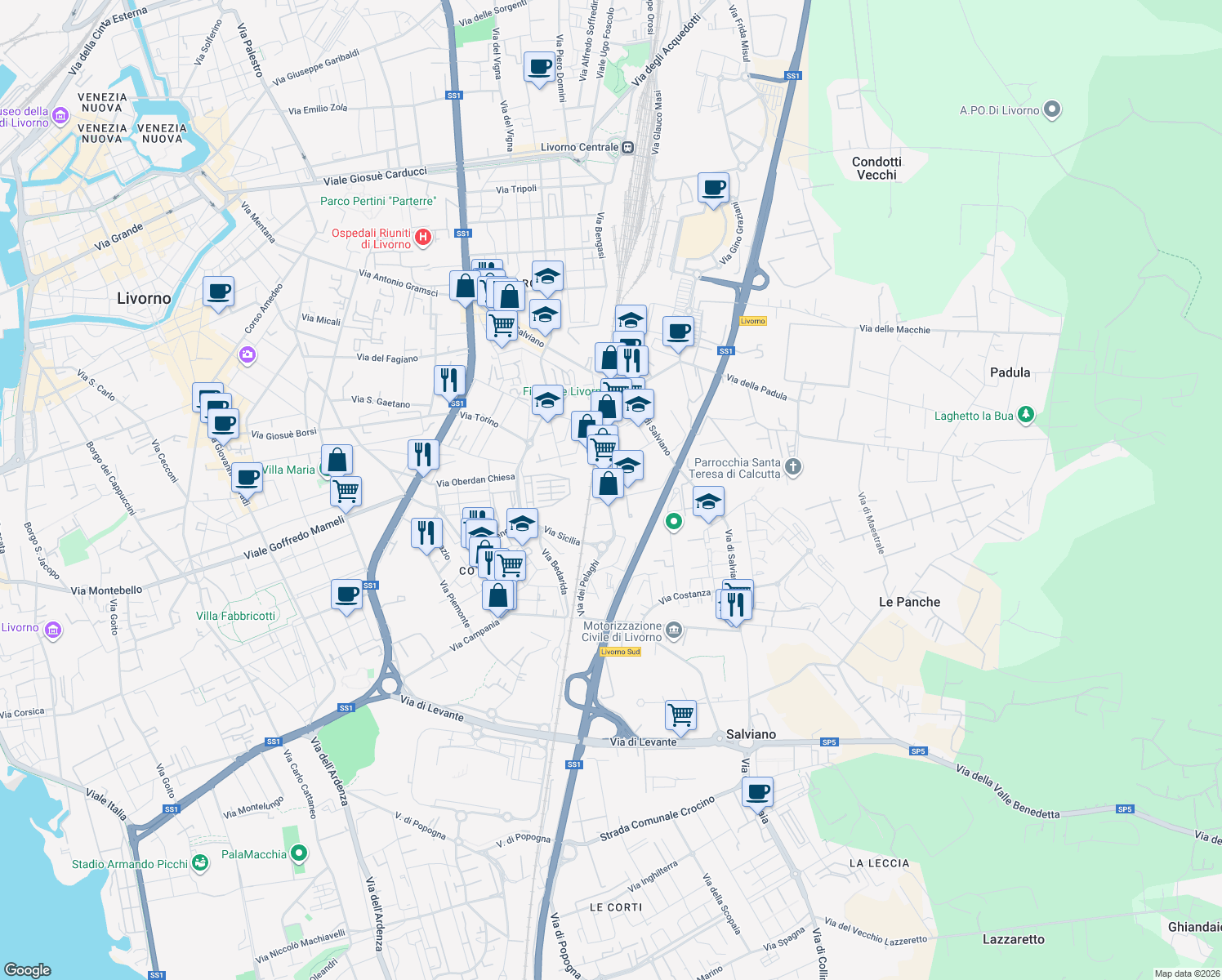 map of restaurants, bars, coffee shops, grocery stores, and more near 86 Via Domenico Cimarosa in Livorno