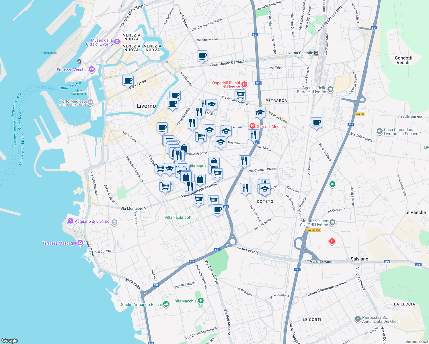 map of restaurants, bars, coffee shops, grocery stores, and more near 42 Via Filippo Buonarroti in Livorno