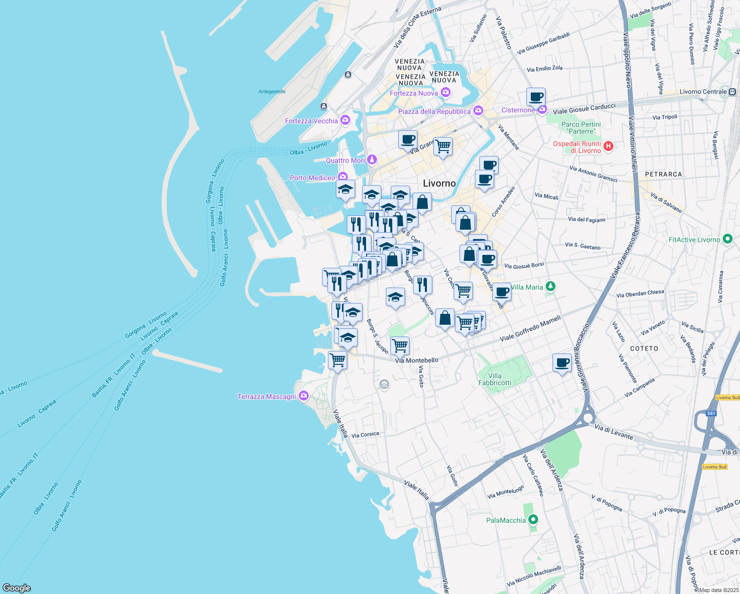map of restaurants, bars, coffee shops, grocery stores, and more near 43-67 Via Guglielmo Micheli in Livorno