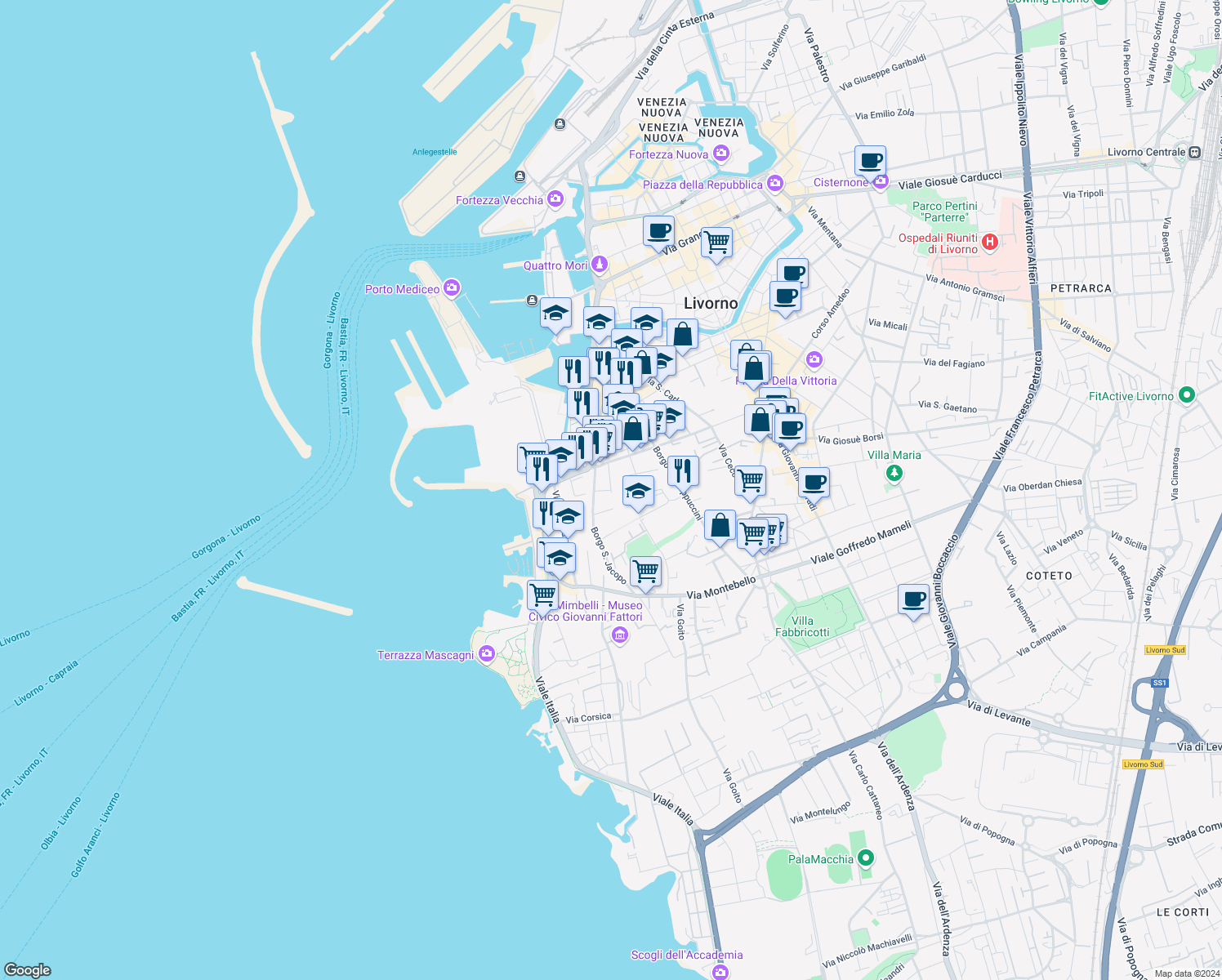 map of restaurants, bars, coffee shops, grocery stores, and more near 43 Via Guglielmo Micheli in Livorno