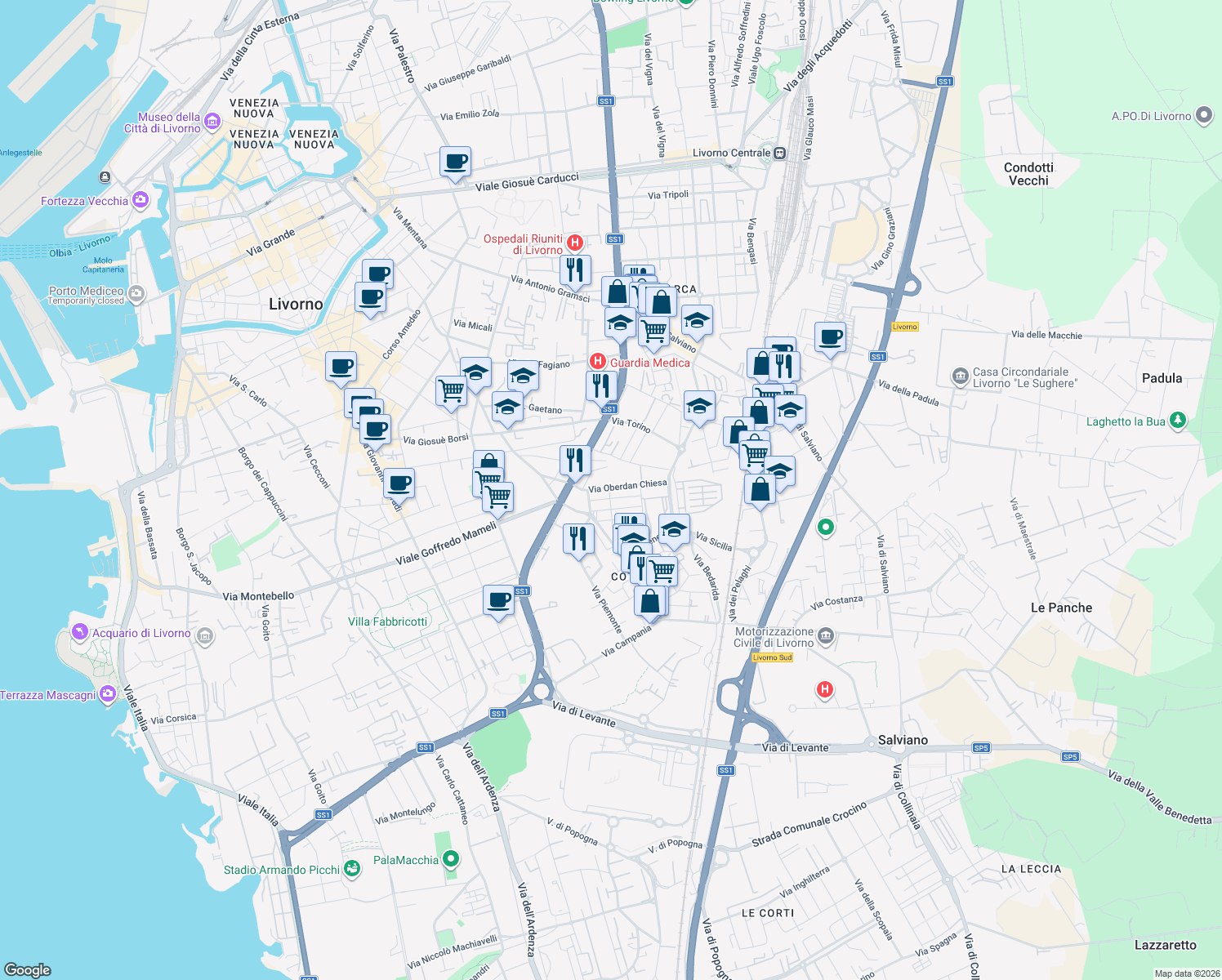 map of restaurants, bars, coffee shops, grocery stores, and more near 1 Via della Torre Odoardo in Livorno