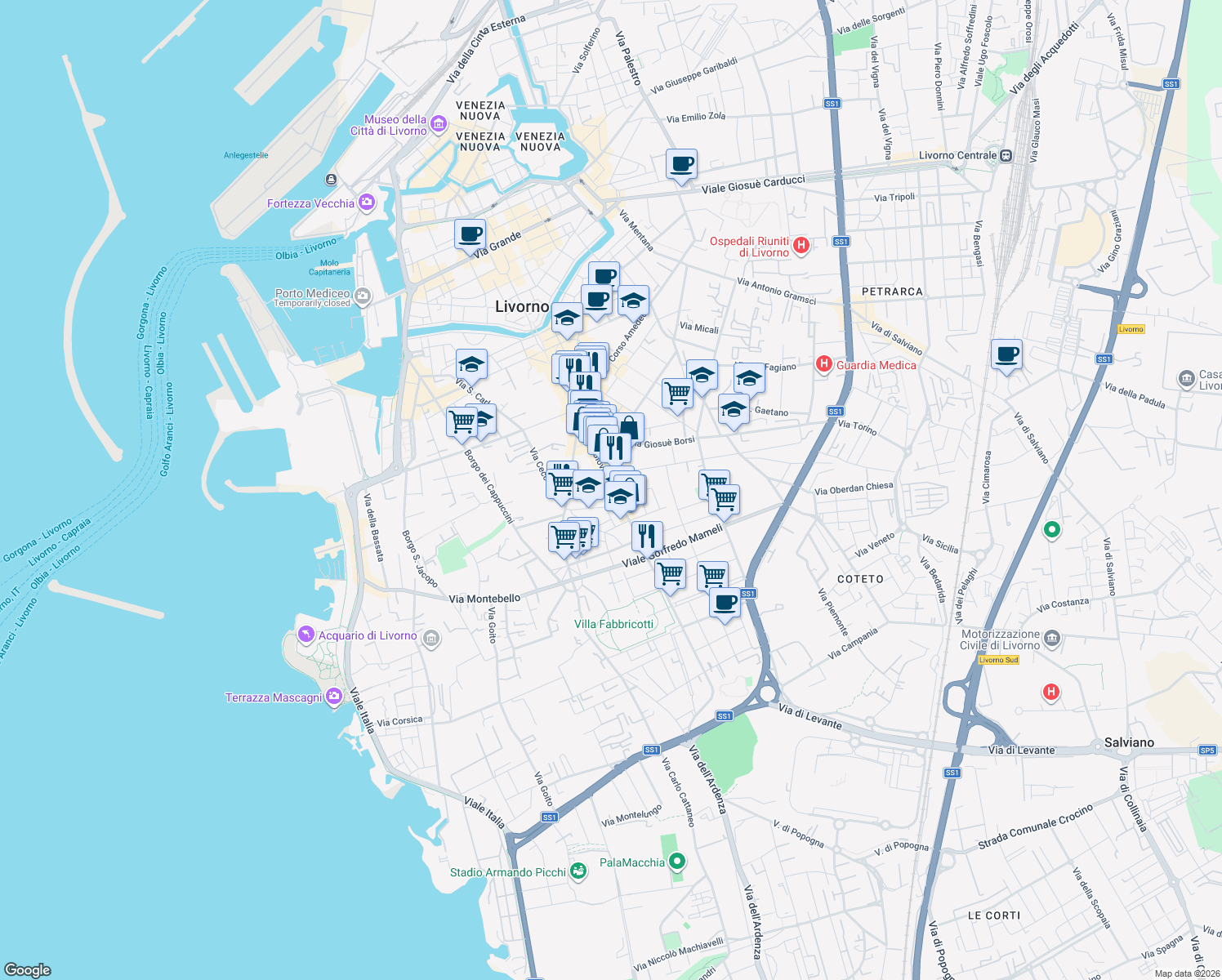 map of restaurants, bars, coffee shops, grocery stores, and more near 6 Via Calzabigi in Livorno