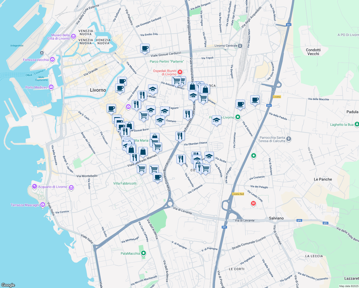 map of restaurants, bars, coffee shops, grocery stores, and more near 5 Via Salvo D'Acquisto in Livorno