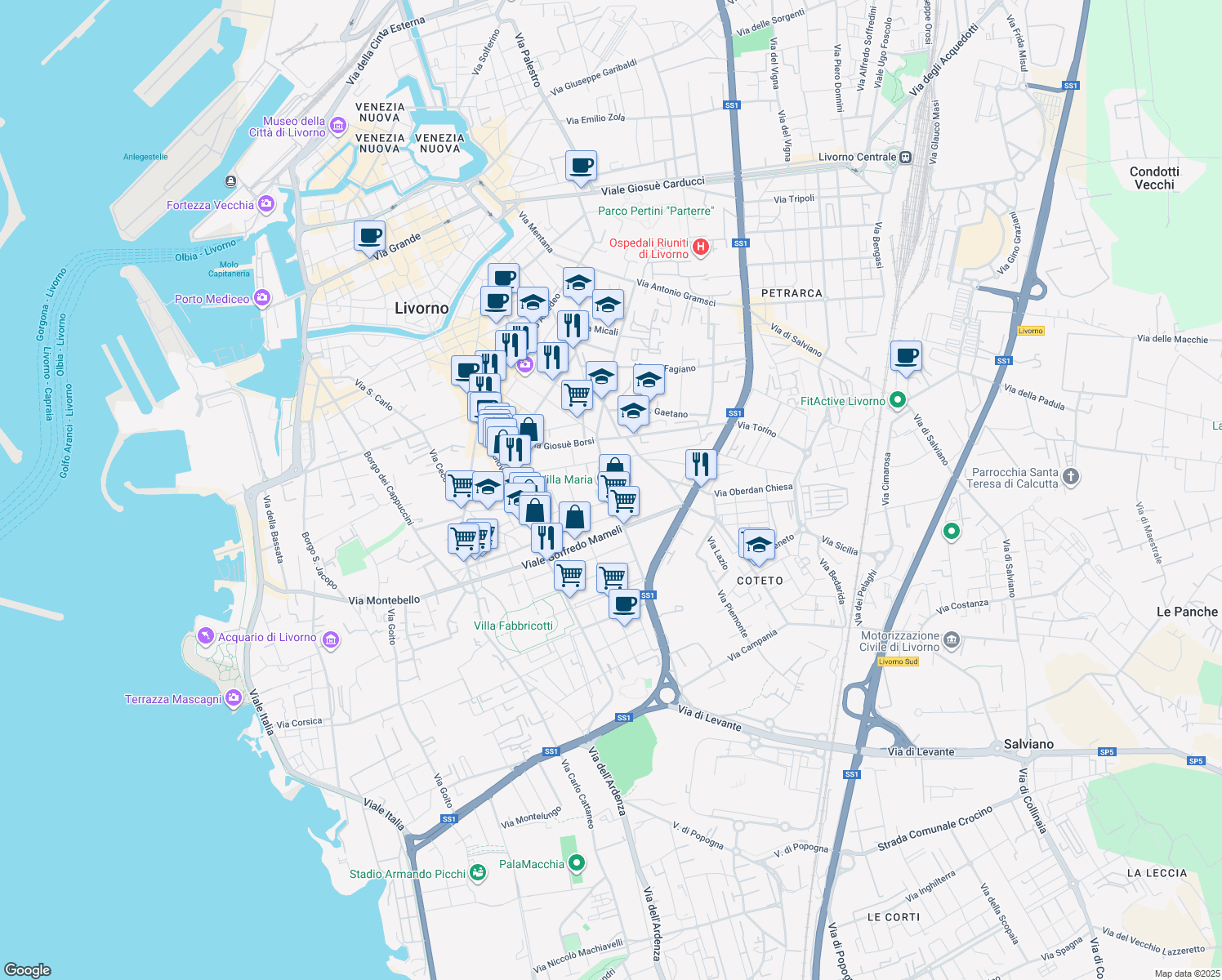 map of restaurants, bars, coffee shops, grocery stores, and more near 53 Via Francesco Redi in Livorno
