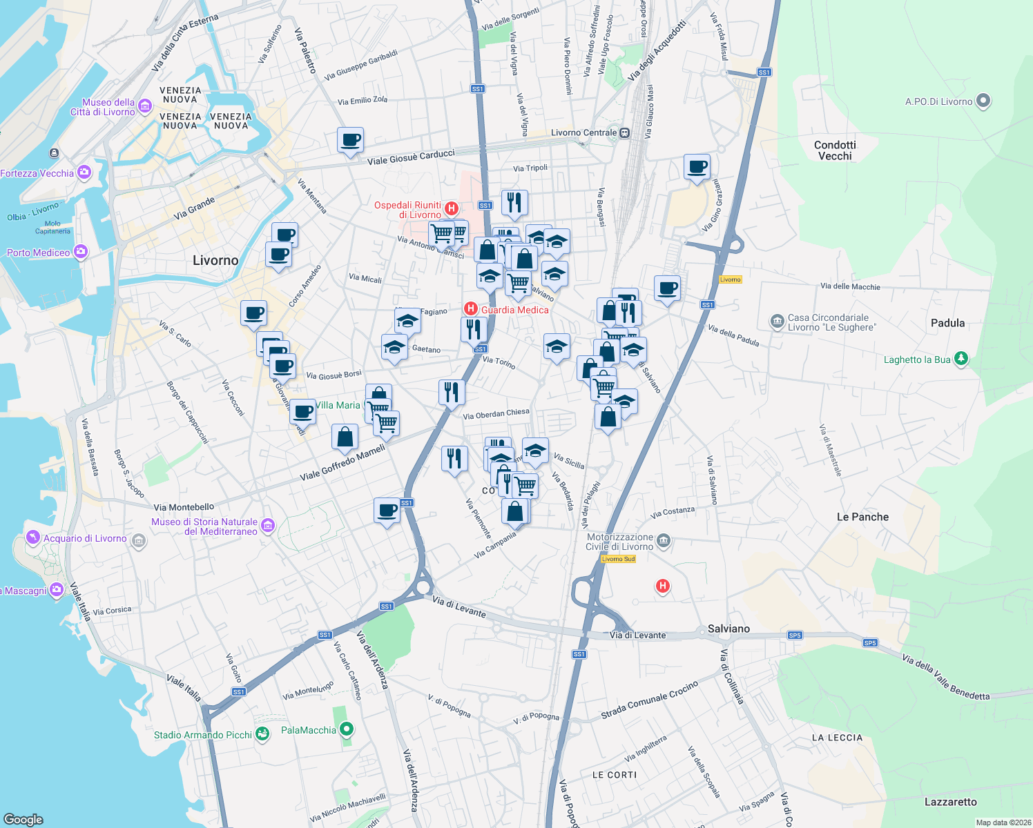 map of restaurants, bars, coffee shops, grocery stores, and more near 30 Via Minghi in Livorno