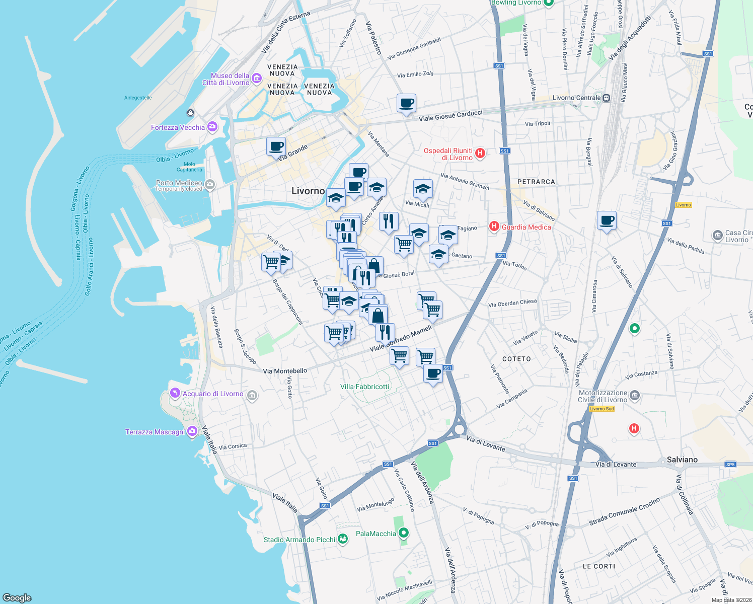 map of restaurants, bars, coffee shops, grocery stores, and more near 26 Via Calzabigi in Livorno