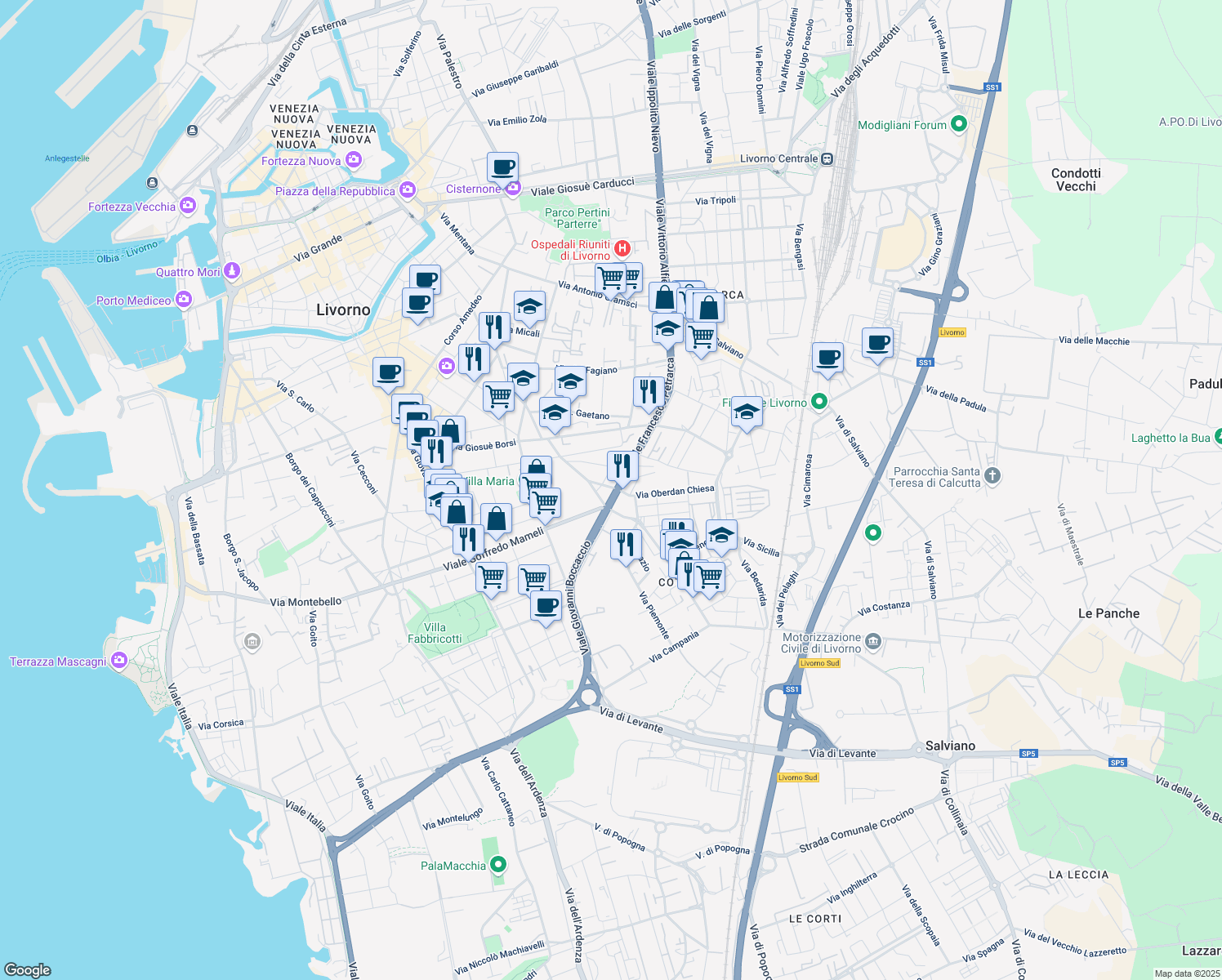 map of restaurants, bars, coffee shops, grocery stores, and more near 5 Via Salvo D'Acquisto in Livorno