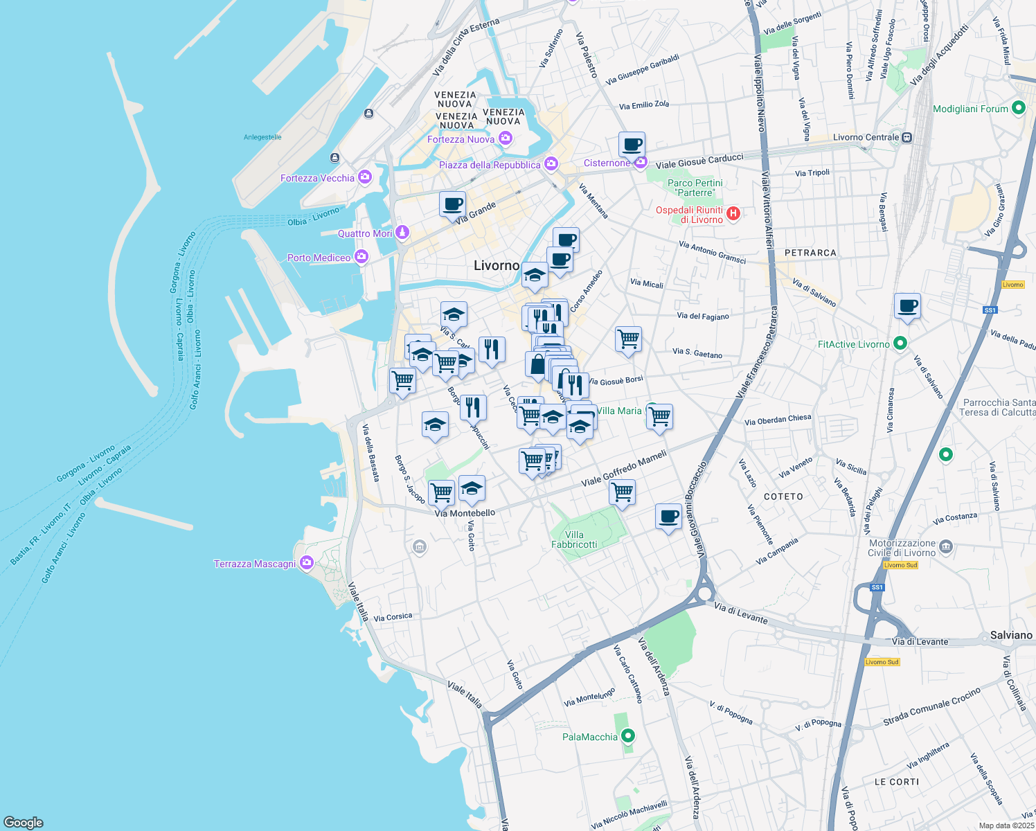 map of restaurants, bars, coffee shops, grocery stores, and more near 100 Via Roma in Livorno