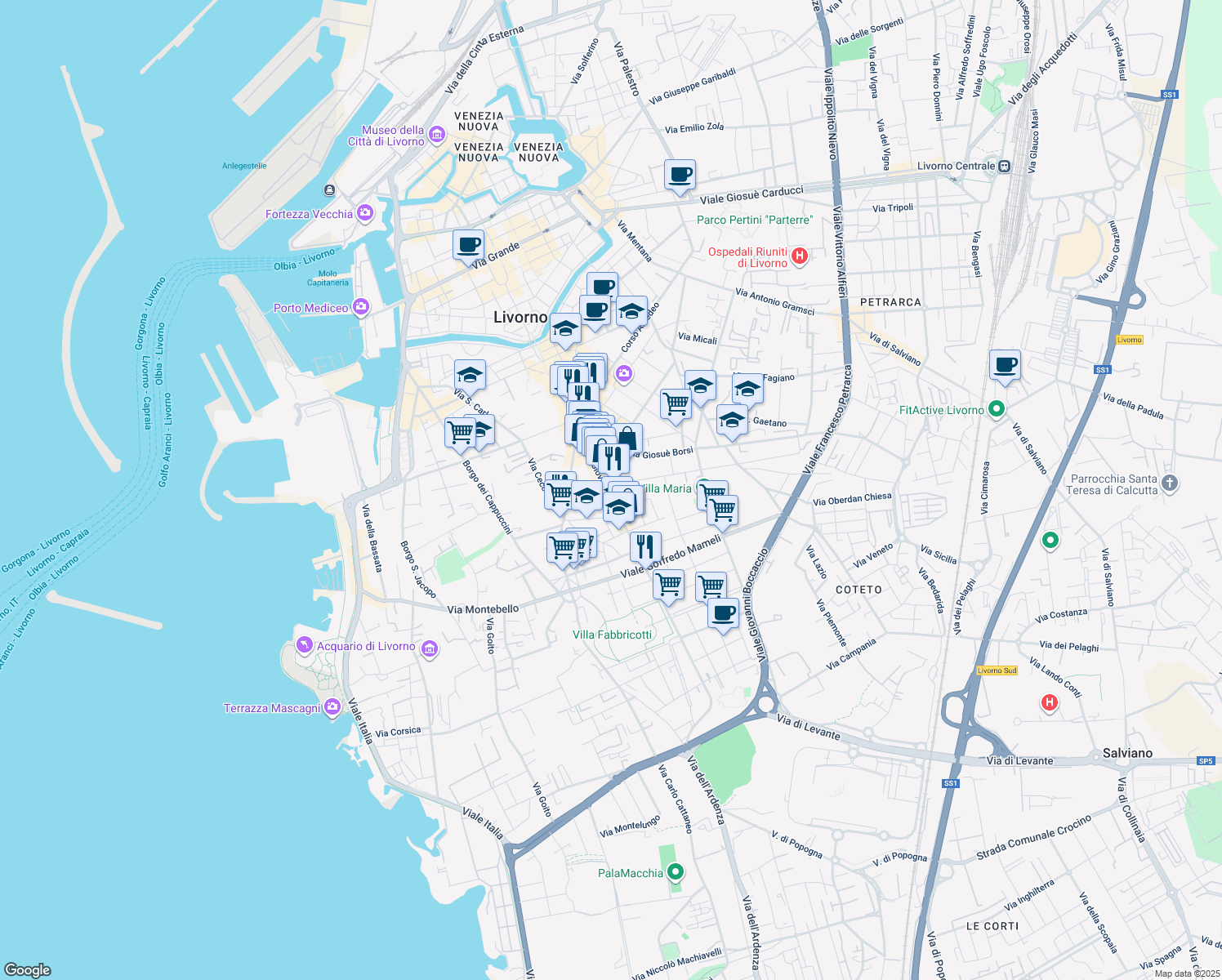 map of restaurants, bars, coffee shops, grocery stores, and more near 6 Via Calzabigi in Livorno