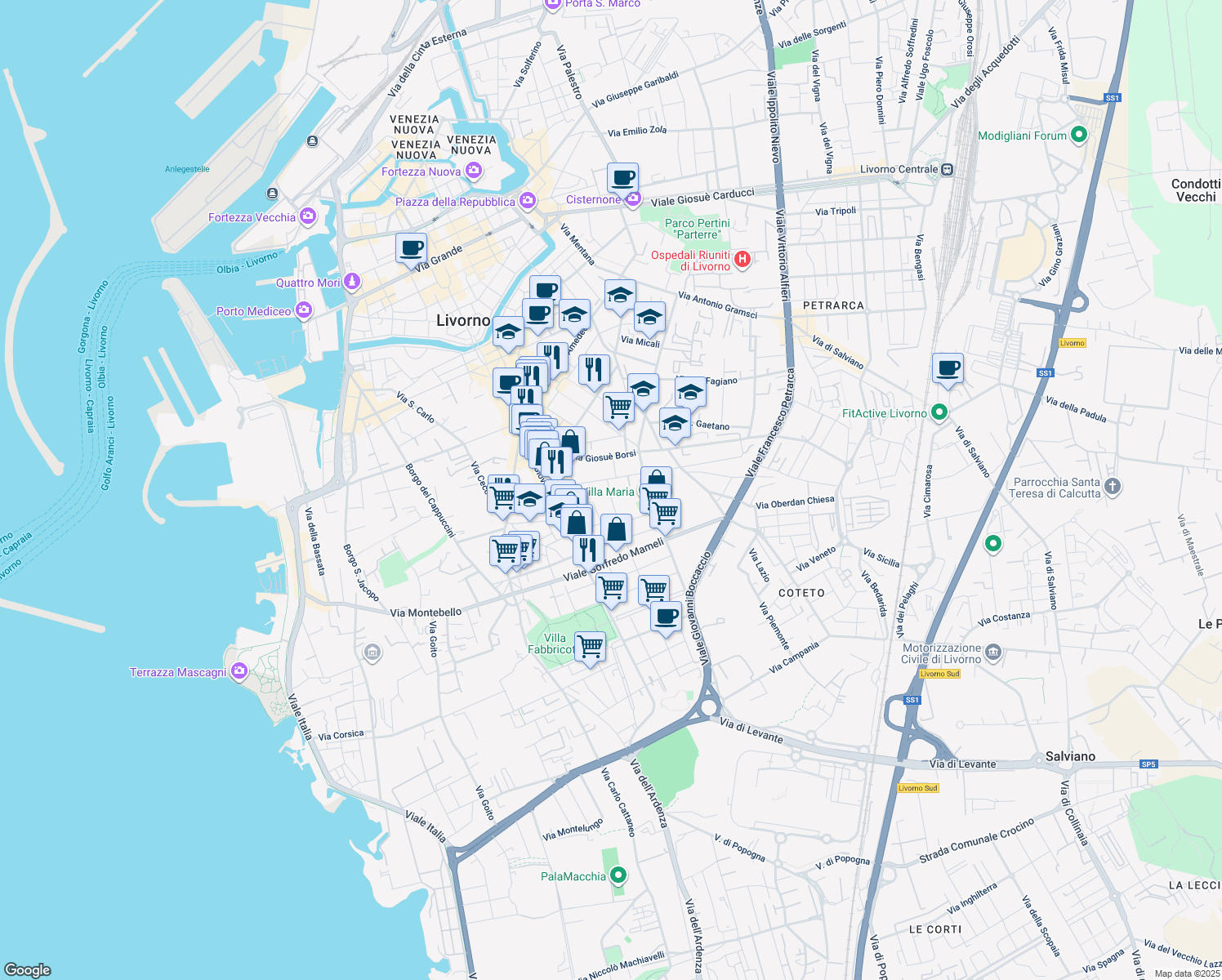 map of restaurants, bars, coffee shops, grocery stores, and more near 5 Via Diomede Bonamici in Livorno