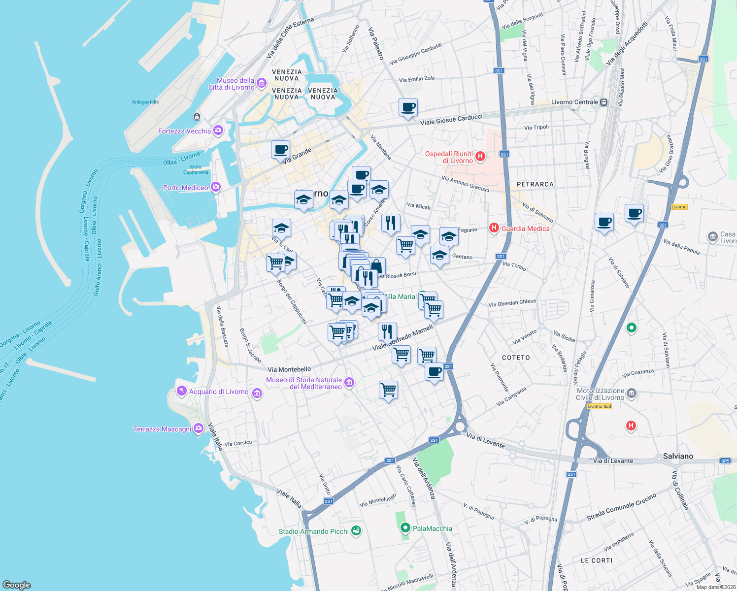 map of restaurants, bars, coffee shops, grocery stores, and more near 6 Via Calzabigi in Livorno