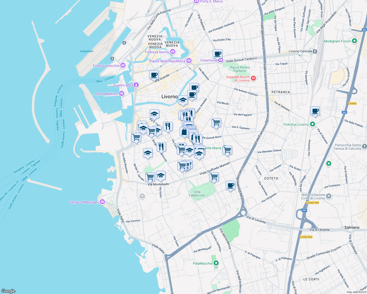 map of restaurants, bars, coffee shops, grocery stores, and more near 100 Via Roma in Livorno