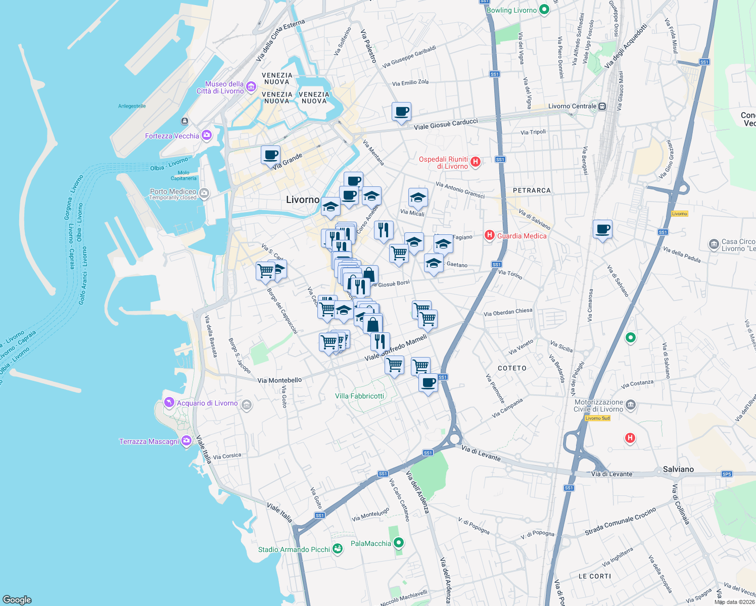 map of restaurants, bars, coffee shops, grocery stores, and more near 26 Via Calzabigi in Livorno