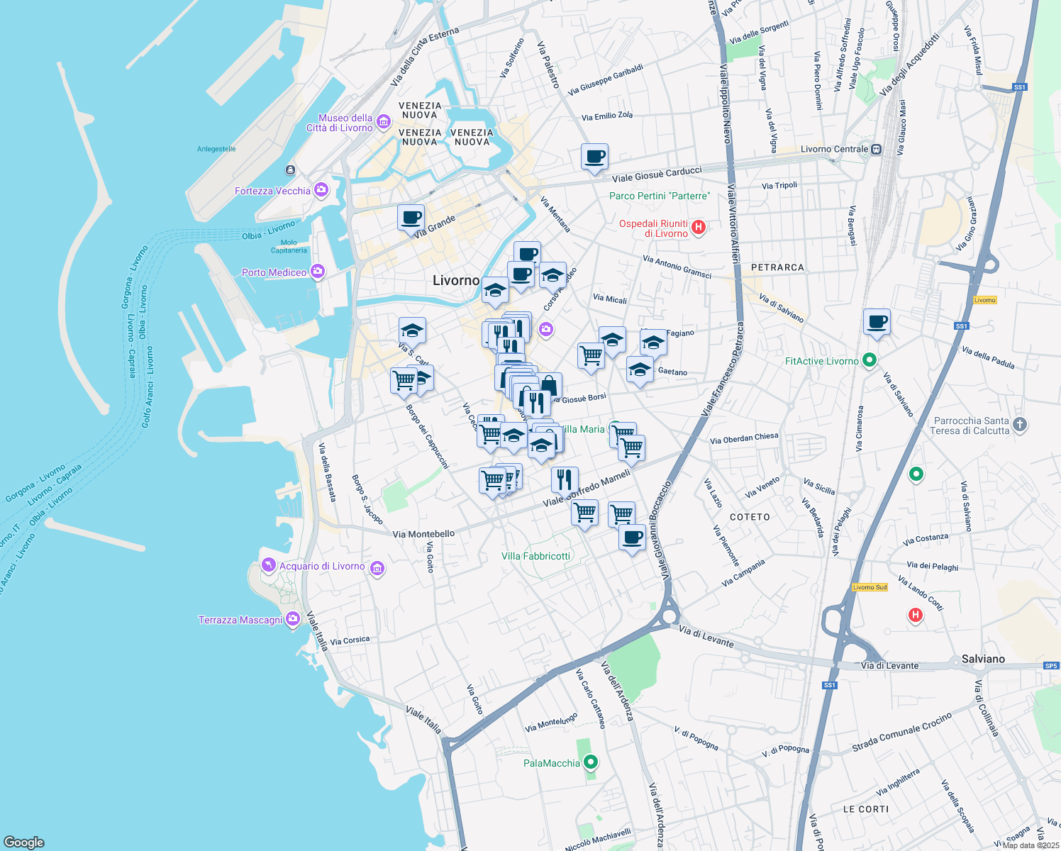 map of restaurants, bars, coffee shops, grocery stores, and more near 6 Via Calzabigi in Livorno