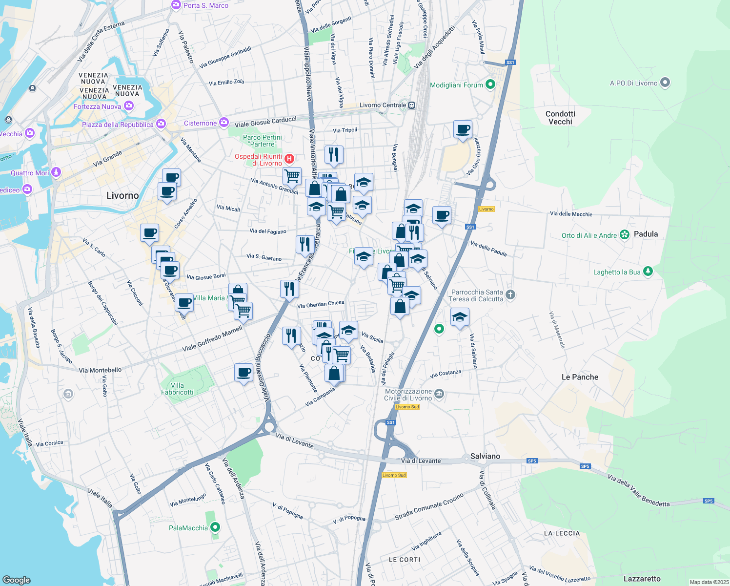 map of restaurants, bars, coffee shops, grocery stores, and more near 59 Via Adolfo Tommasi in Livorno