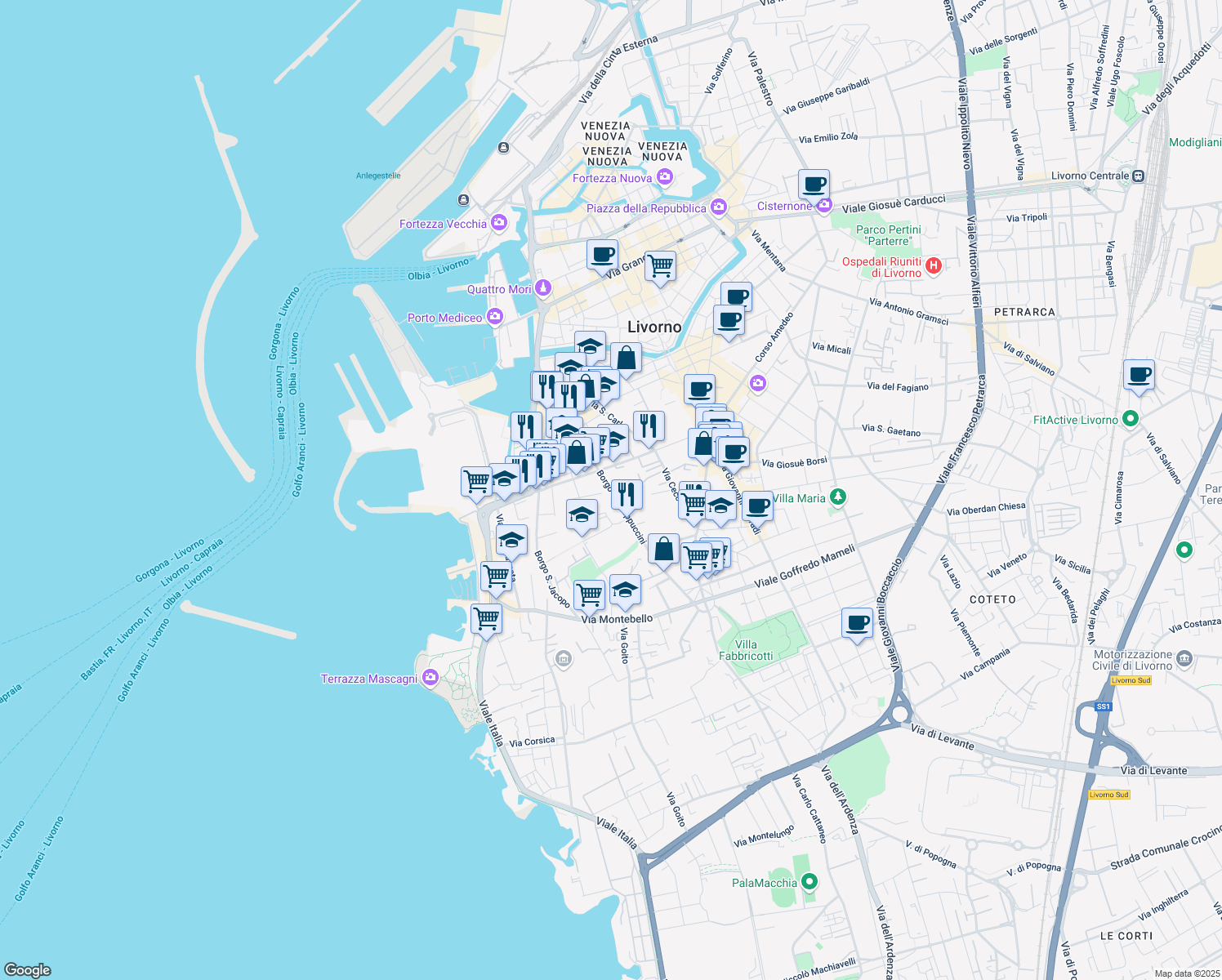 map of restaurants, bars, coffee shops, grocery stores, and more near in Livorno