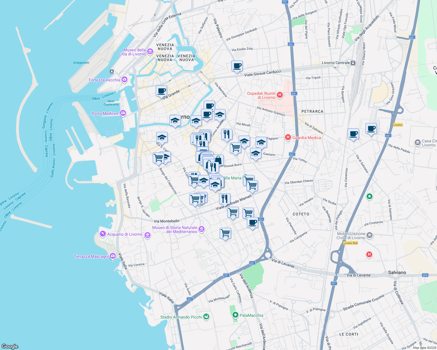 map of restaurants, bars, coffee shops, grocery stores, and more near 6 Via Calzabigi in Livorno