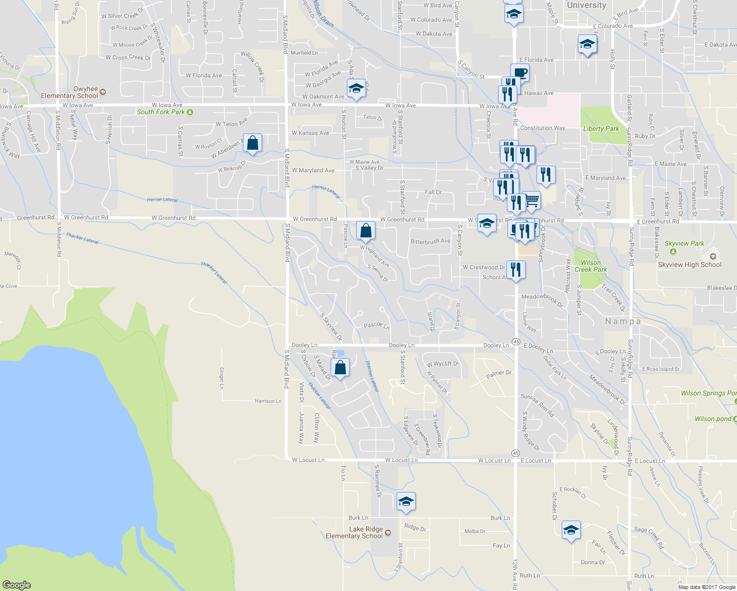 map of restaurants, bars, coffee shops, grocery stores, and more near 707 Parkside Way in Nampa