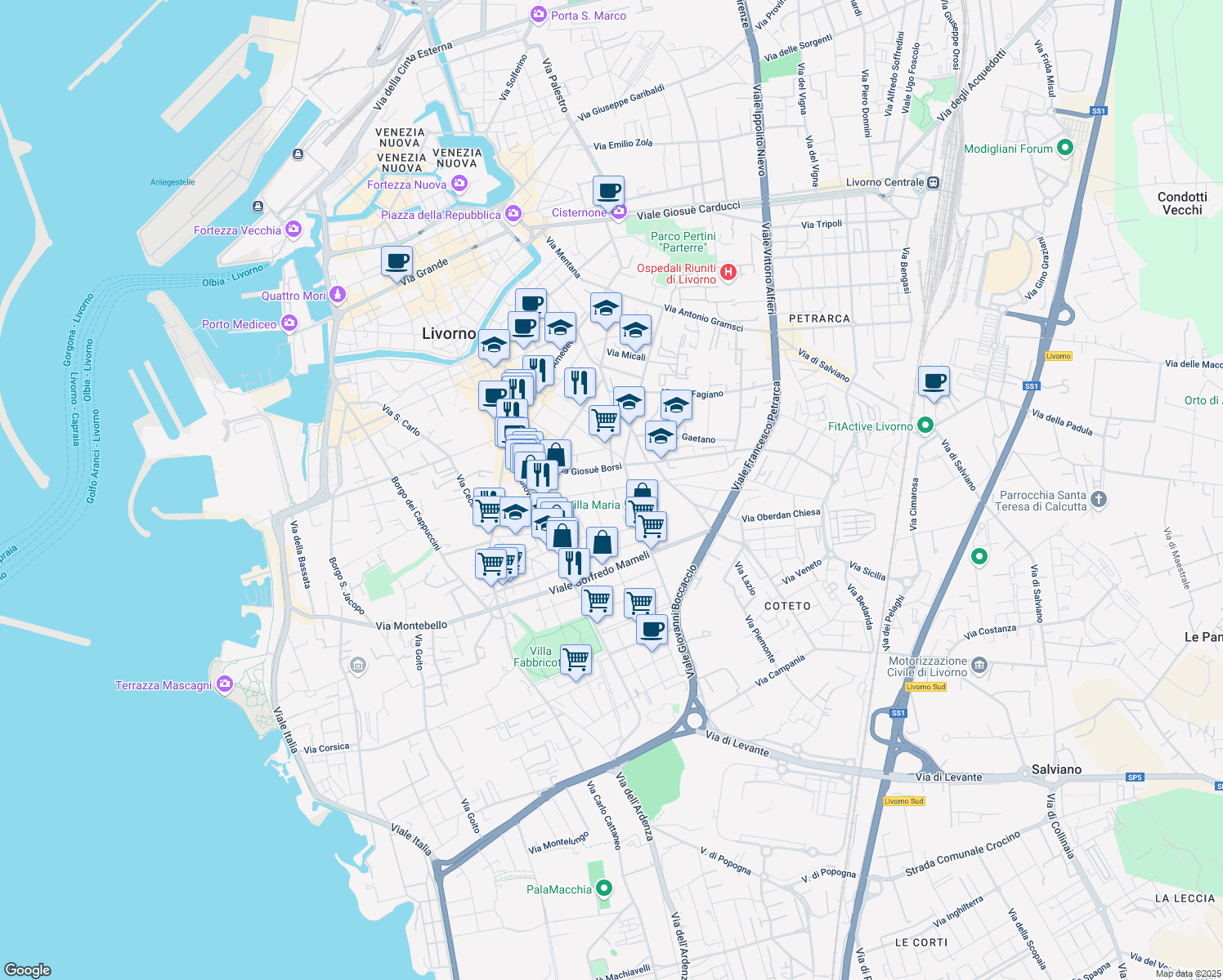 map of restaurants, bars, coffee shops, grocery stores, and more near 5 Via Diomede Bonamici in Livorno