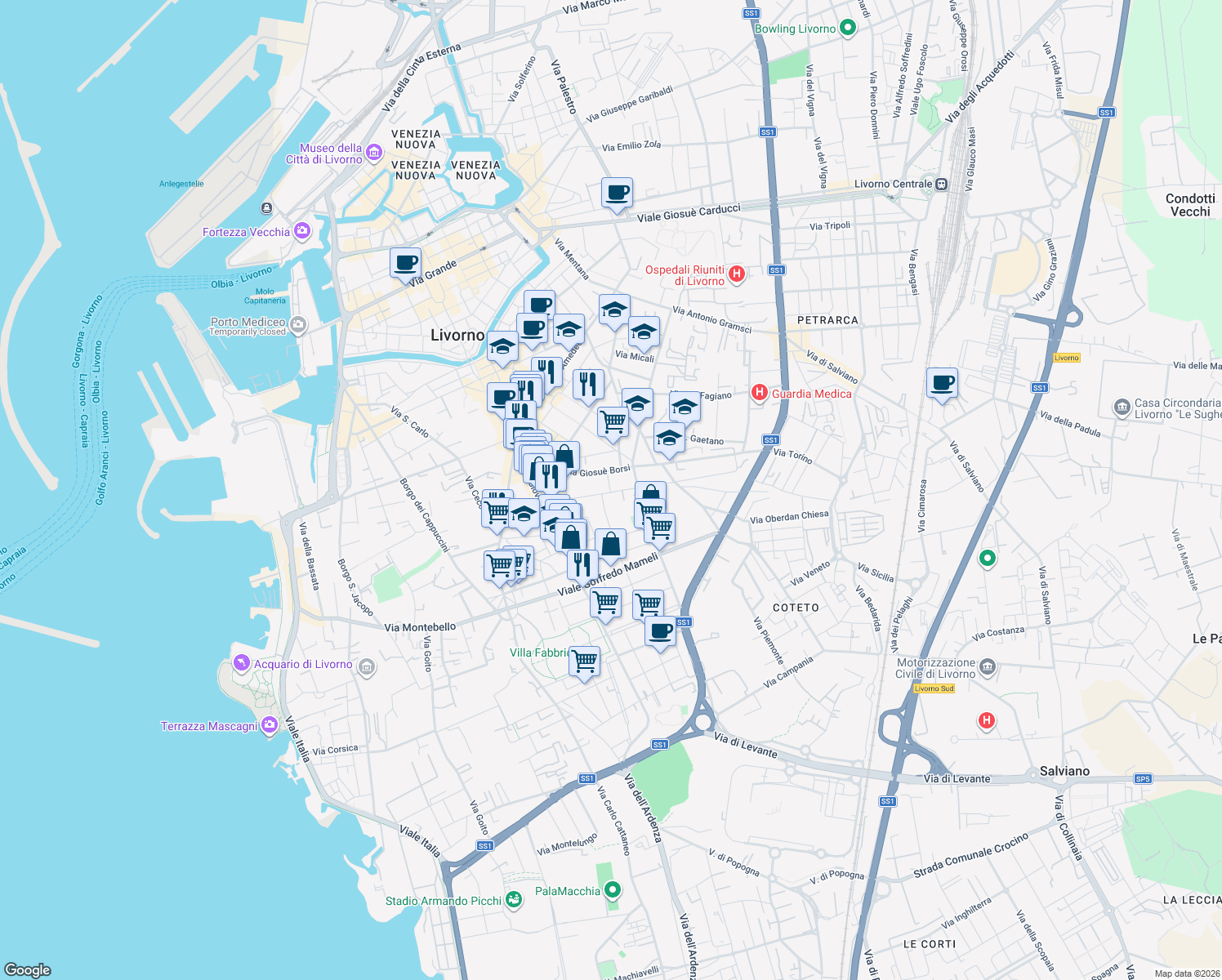 map of restaurants, bars, coffee shops, grocery stores, and more near 5 Via Diomede Bonamici in Livorno