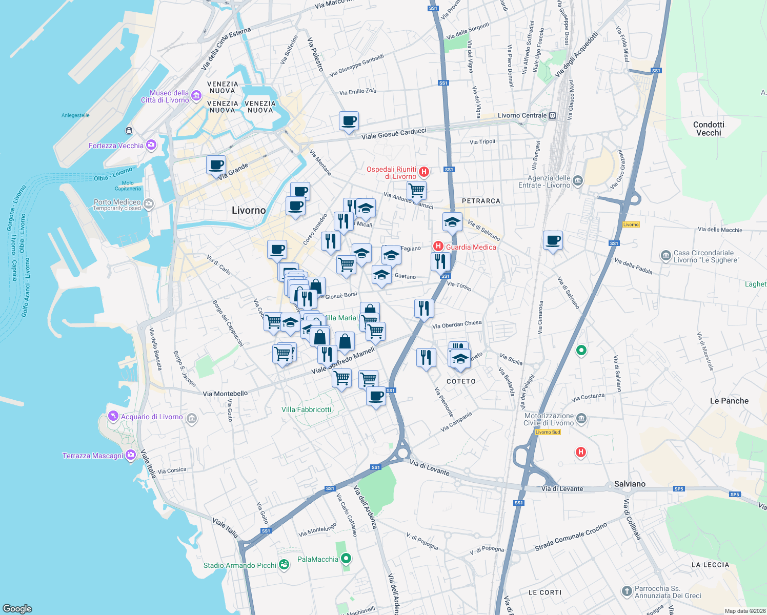 map of restaurants, bars, coffee shops, grocery stores, and more near 42 Via Filippo Buonarroti in Leghorn