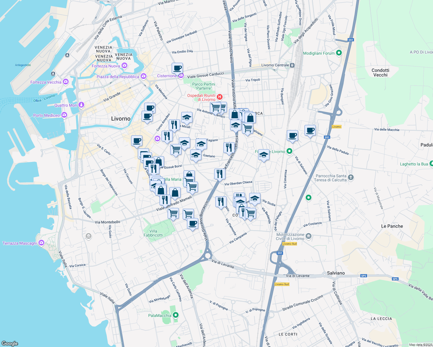 map of restaurants, bars, coffee shops, grocery stores, and more near 5 Via Salvo D'Acquisto in Livorno