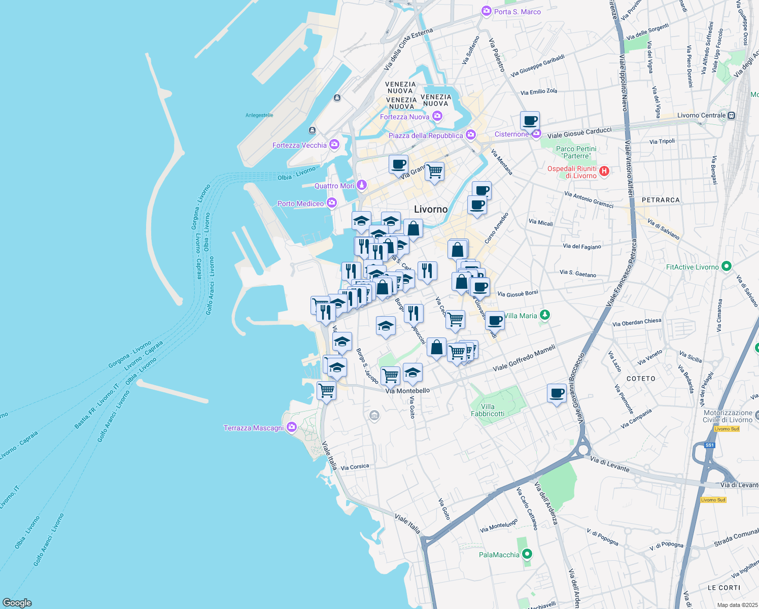map of restaurants, bars, coffee shops, grocery stores, and more near 247 Corso Giuseppe Mazzini in Livorno