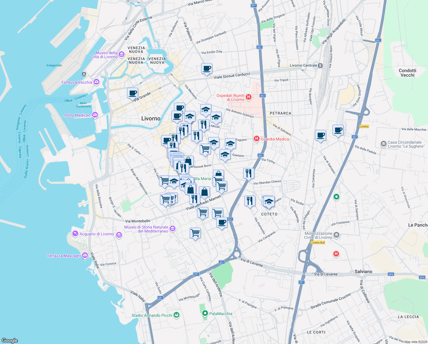 map of restaurants, bars, coffee shops, grocery stores, and more near 18 Via Francesco Redi in Livorno
