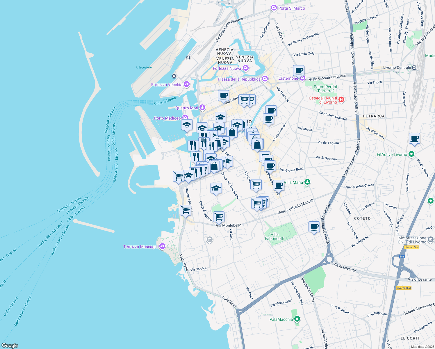 map of restaurants, bars, coffee shops, grocery stores, and more near 247 Corso Giuseppe Mazzini in Livorno