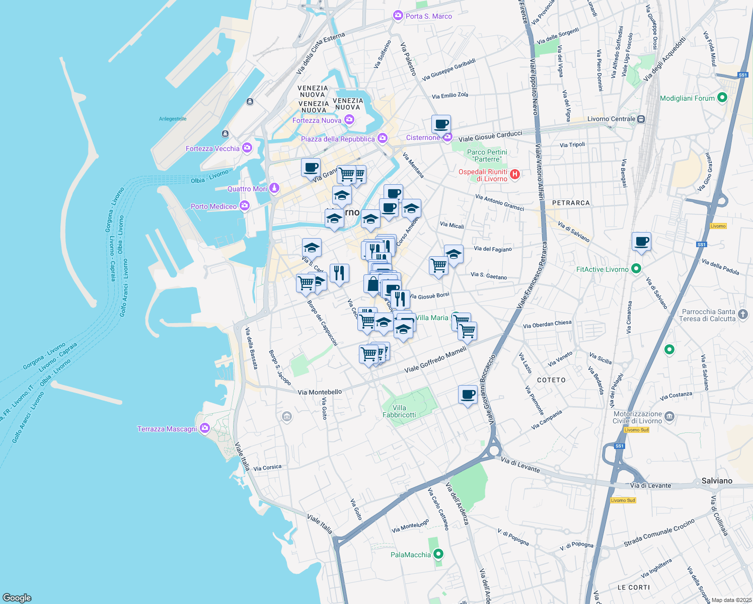 map of restaurants, bars, coffee shops, grocery stores, and more near 16 Via Leonardo Cambini in Livorno