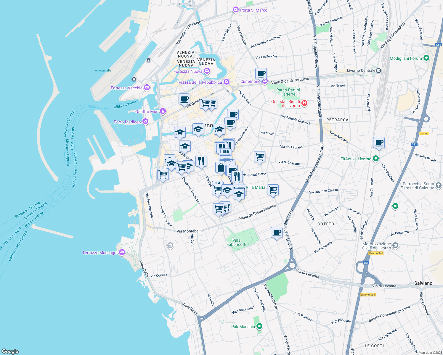 map of restaurants, bars, coffee shops, grocery stores, and more near 82 Via Roma in Livorno