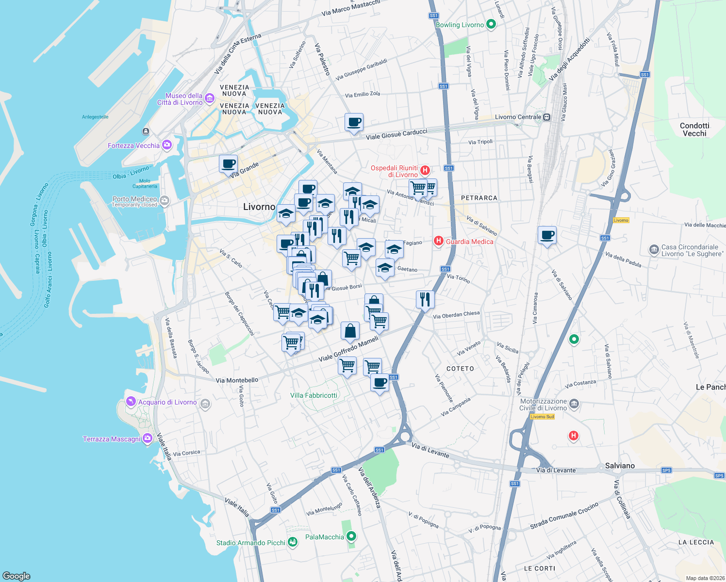 map of restaurants, bars, coffee shops, grocery stores, and more near 6 Via Pietro Coccoluto Ferrigni in Livorno