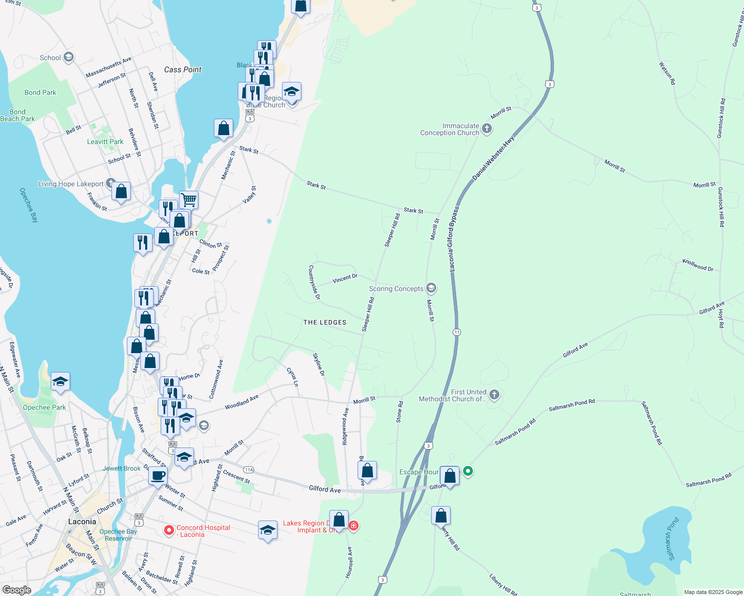 map of restaurants, bars, coffee shops, grocery stores, and more near 94 Sleeper Hill Road in Gilford