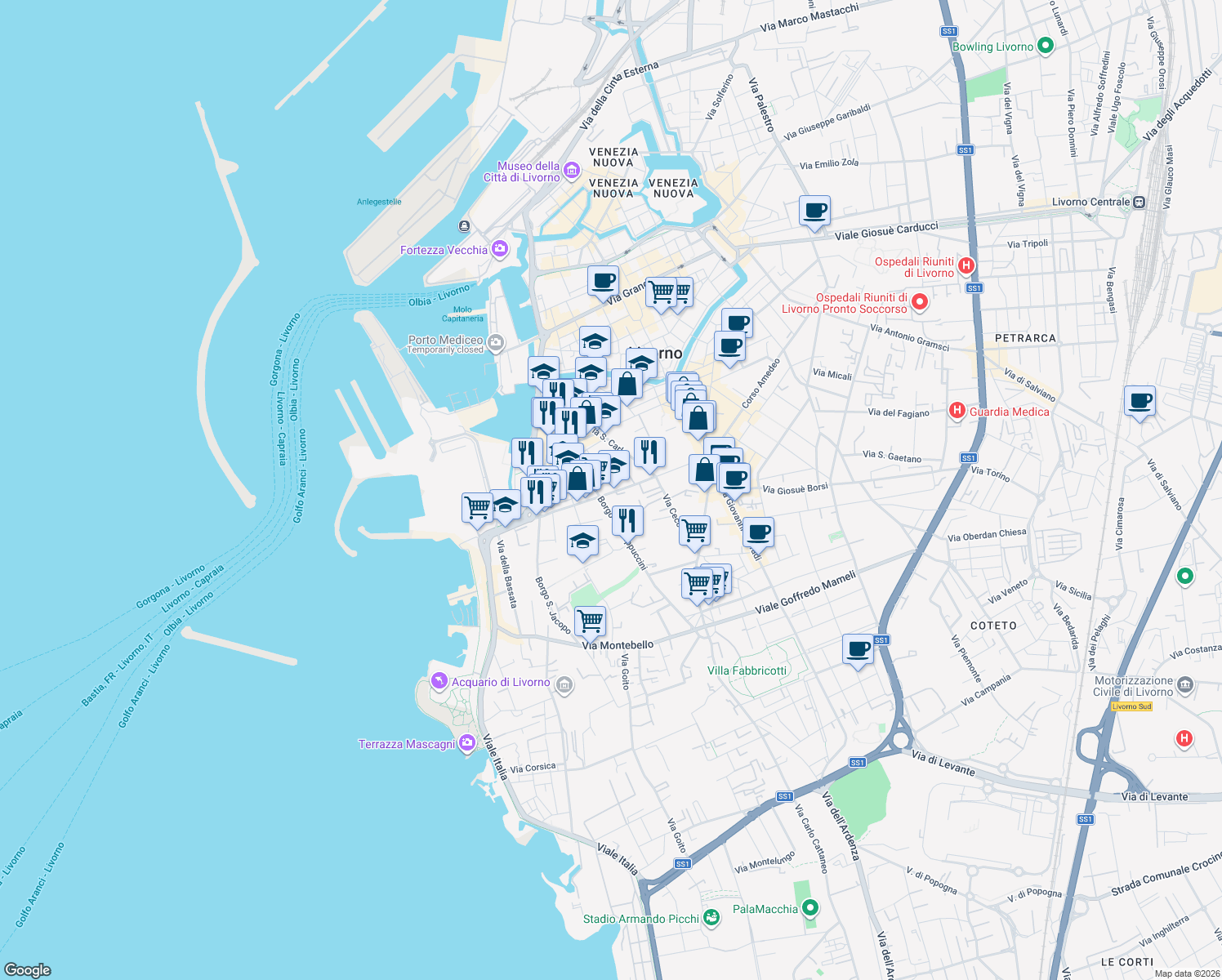 map of restaurants, bars, coffee shops, grocery stores, and more near 192 Corso Giuseppe Mazzini in Livorno