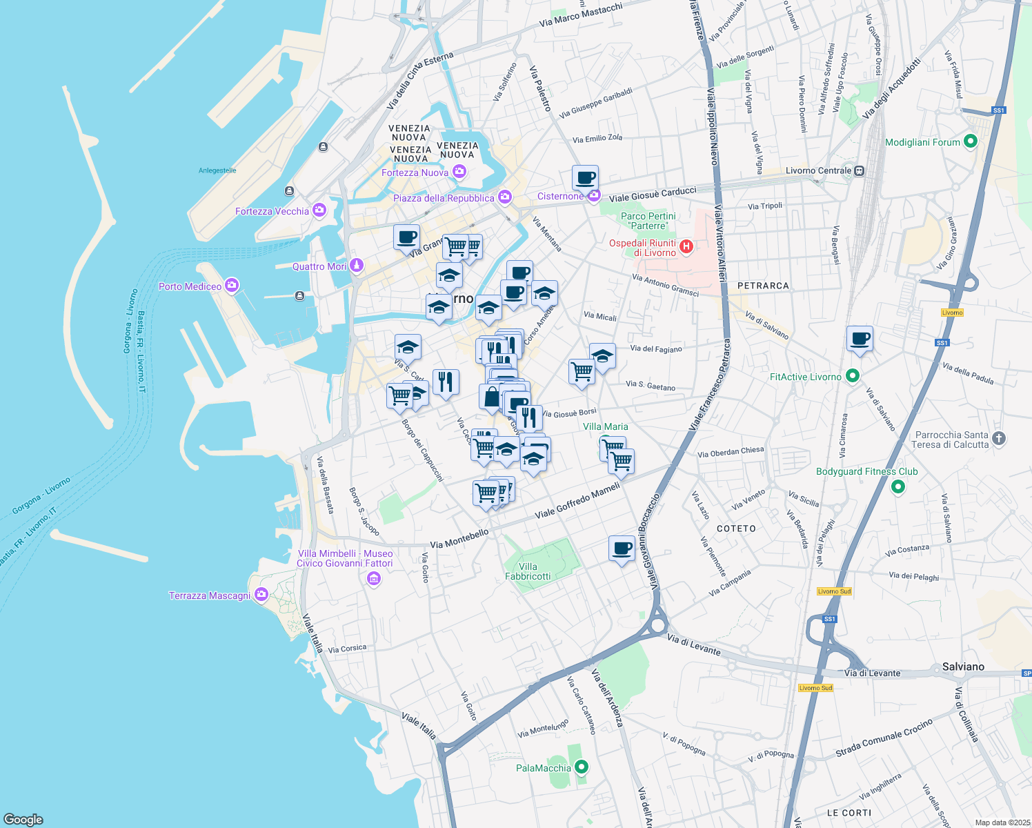 map of restaurants, bars, coffee shops, grocery stores, and more near 16 Via Leonardo Cambini in Livorno