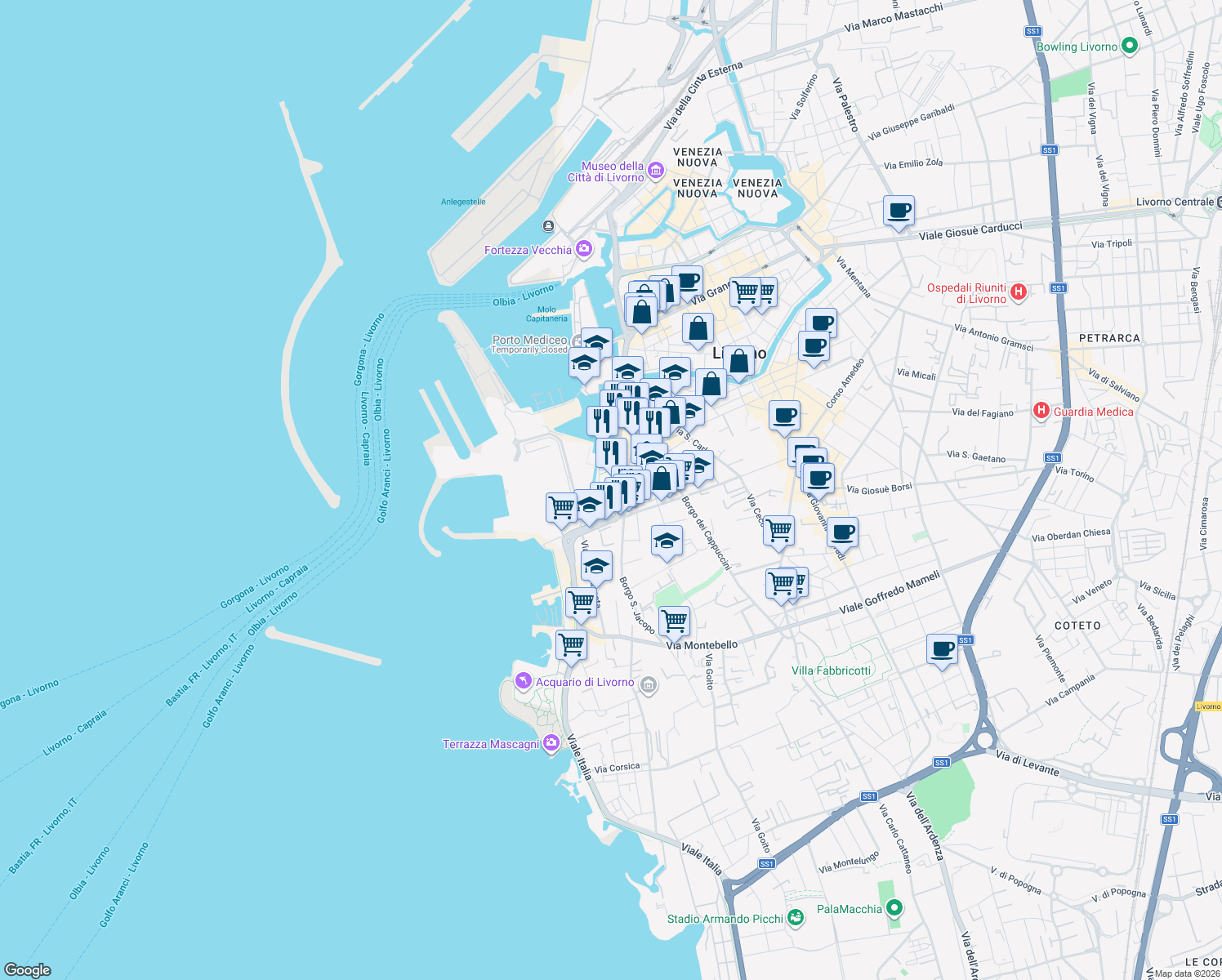 map of restaurants, bars, coffee shops, grocery stores, and more near 10 Via Tiberio Scali in Livorno