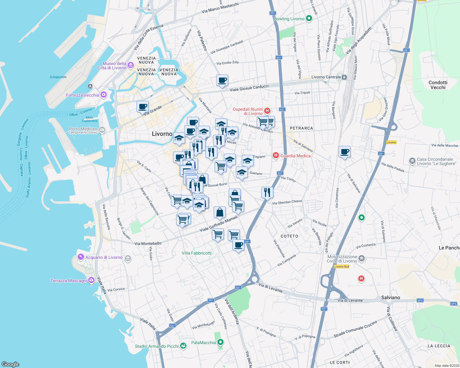 map of restaurants, bars, coffee shops, grocery stores, and more near 6 Via Pietro Coccoluto Ferrigni in Livorno