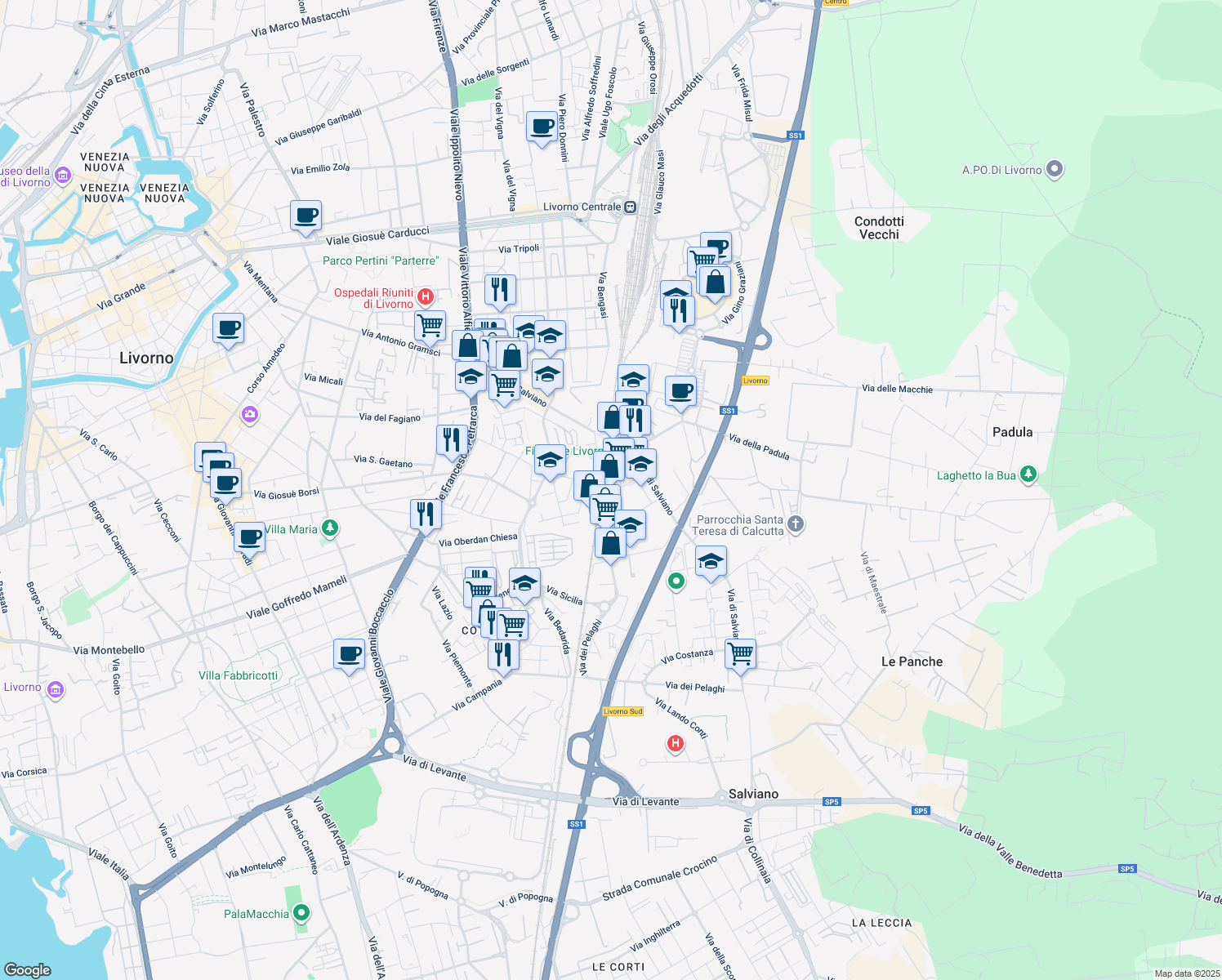 map of restaurants, bars, coffee shops, grocery stores, and more near 28 Via Cimarosa in Livorno