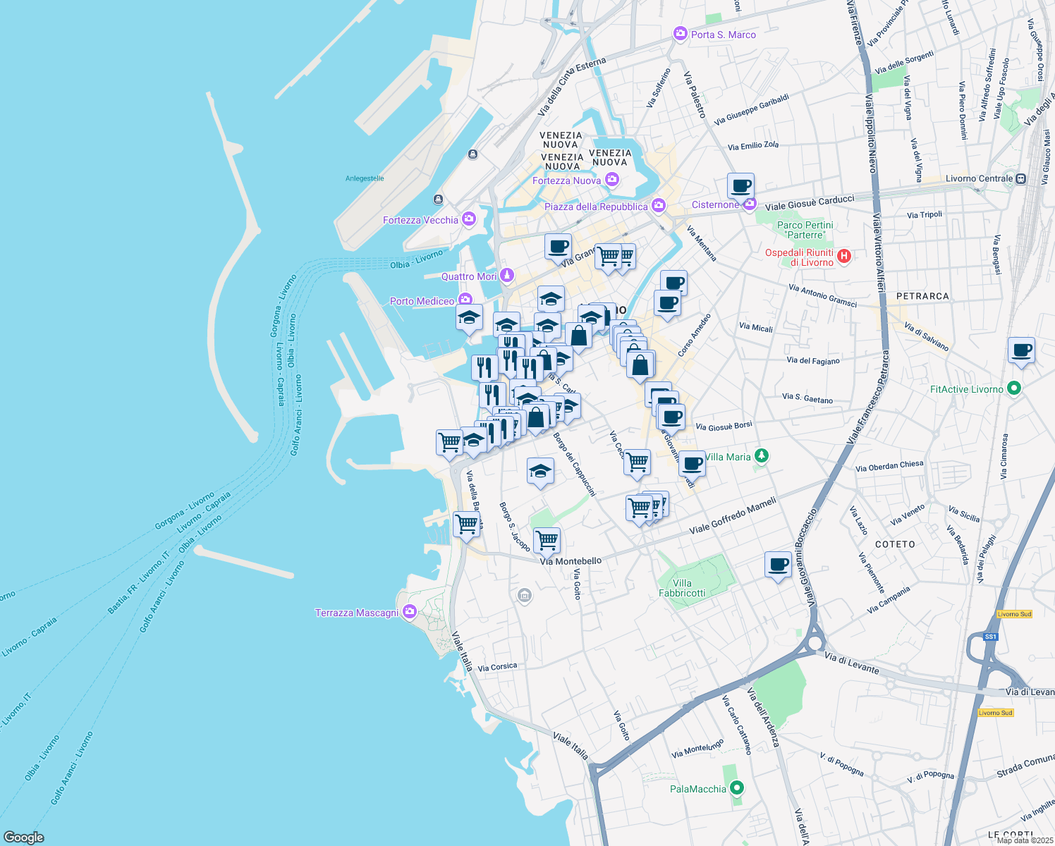 map of restaurants, bars, coffee shops, grocery stores, and more near 18 Via Carlo Bini in Livorno
