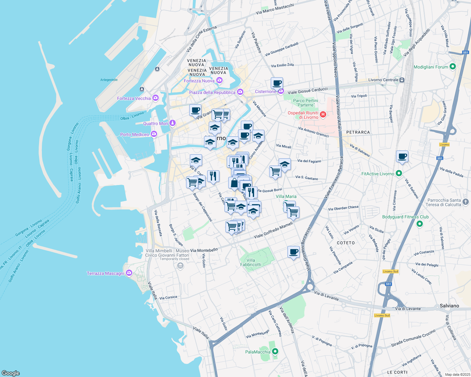 map of restaurants, bars, coffee shops, grocery stores, and more near 52 Via Roma in Livorno